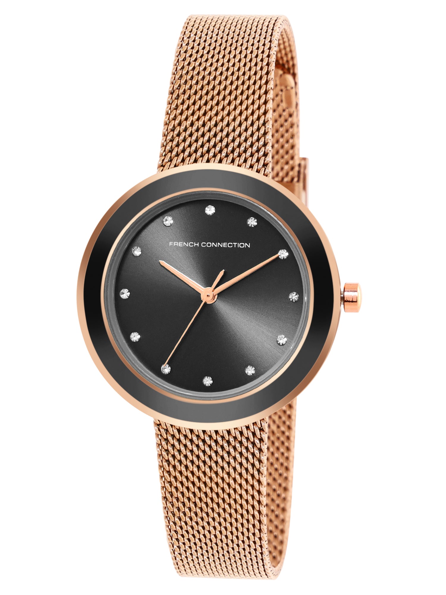 French Connection Sunray Black Round Dial With Rose Stainless Steel Strap Watch - For Womens FCMX2RGM