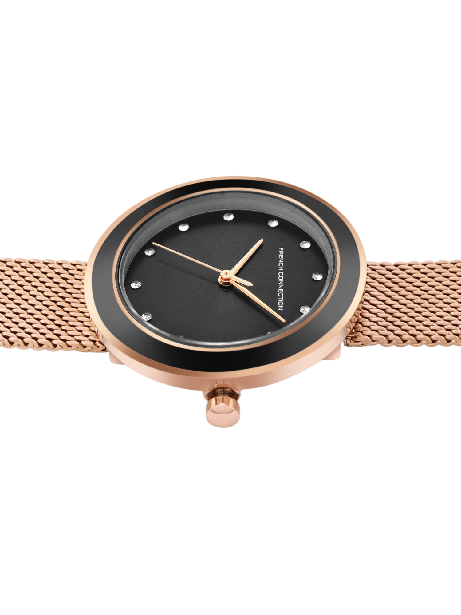 French Connection Sunray Black Round Dial With Rose Stainless Steel Strap Watch - For Womens FCMX2RGM