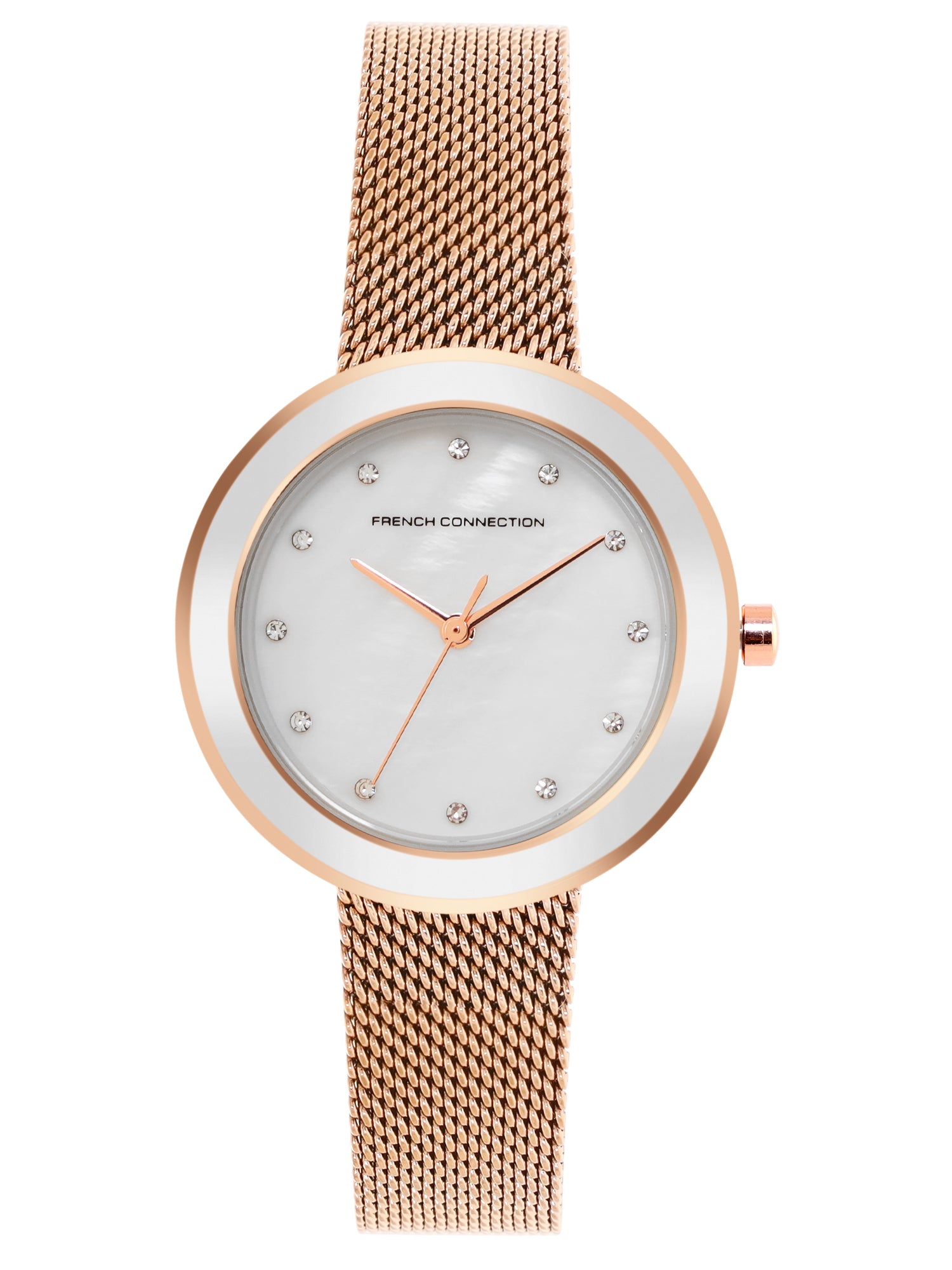 French Connection Sunray Silver Round Dial With Rose Stainless Steel Strap Watch - For Womens FCMX2SRGM