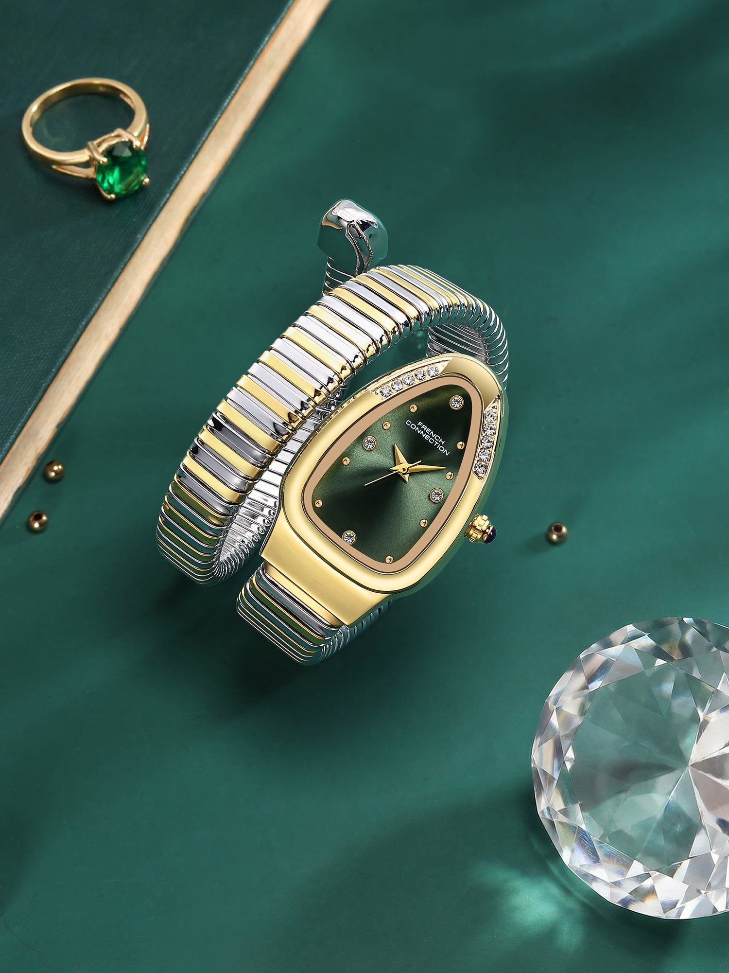 French Connection The Mystic Curve Women's Gold Watch | Rhinestones Green Sunray Dial Analog Watch – For Women FCN0110NGM