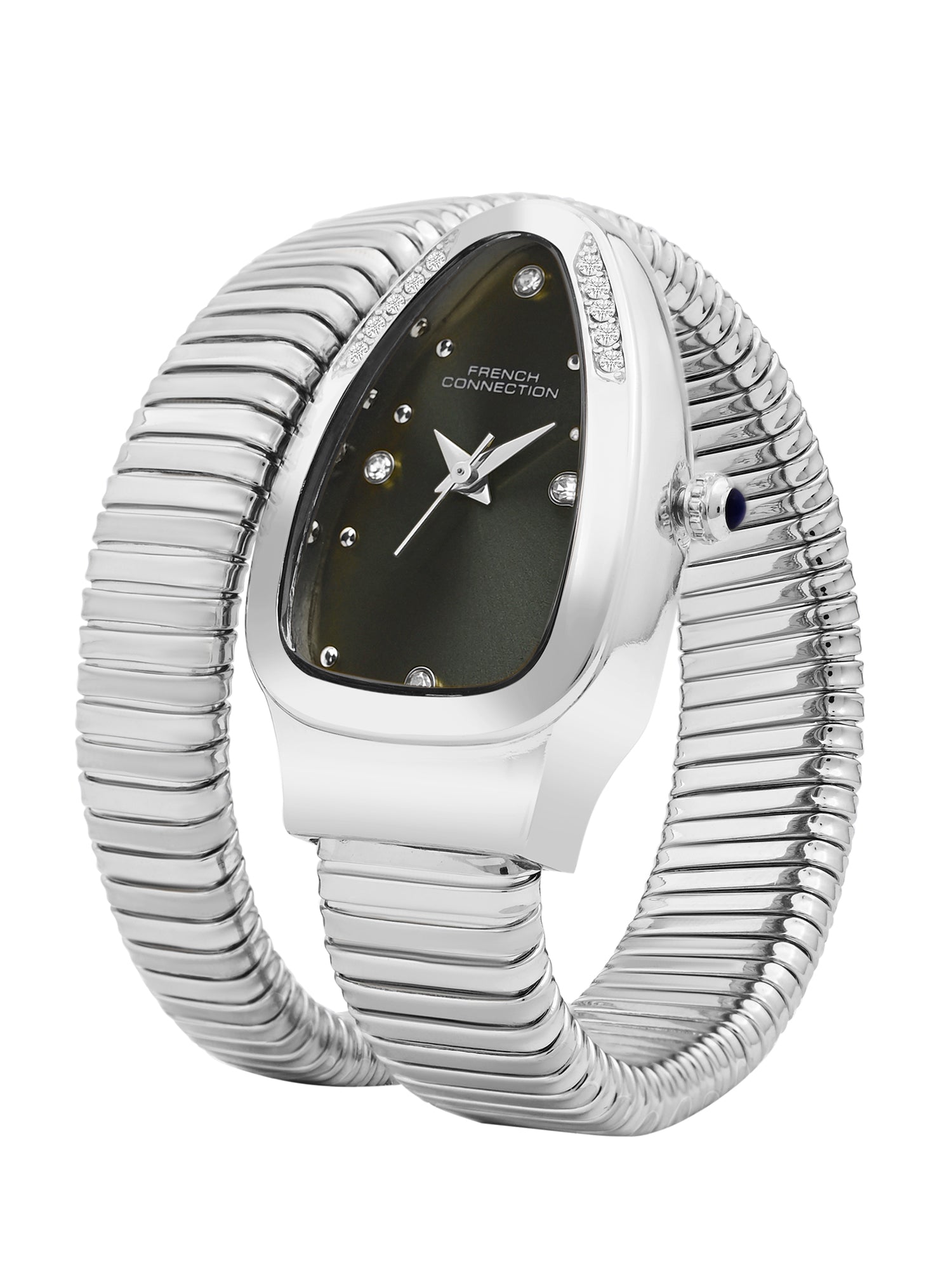 French Connection The Mystic Curve Women's Silver Watch | Rhinestones Green Sunray Dial Analog Watch – For Women FCN0110NSM