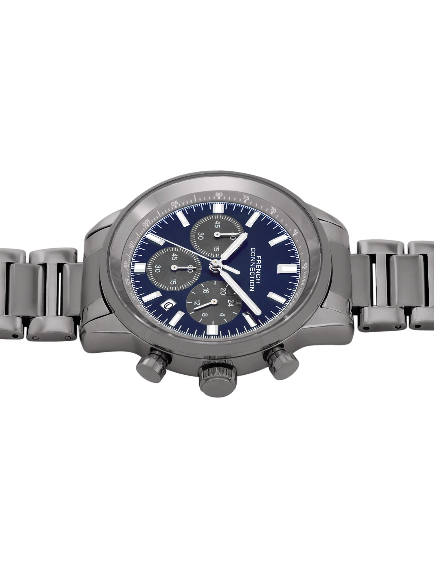 French Connection Sunray Blue Round Dial With  Gun Stainless Steel Strap Chronograph Watch - For Mens FCN0120GNM