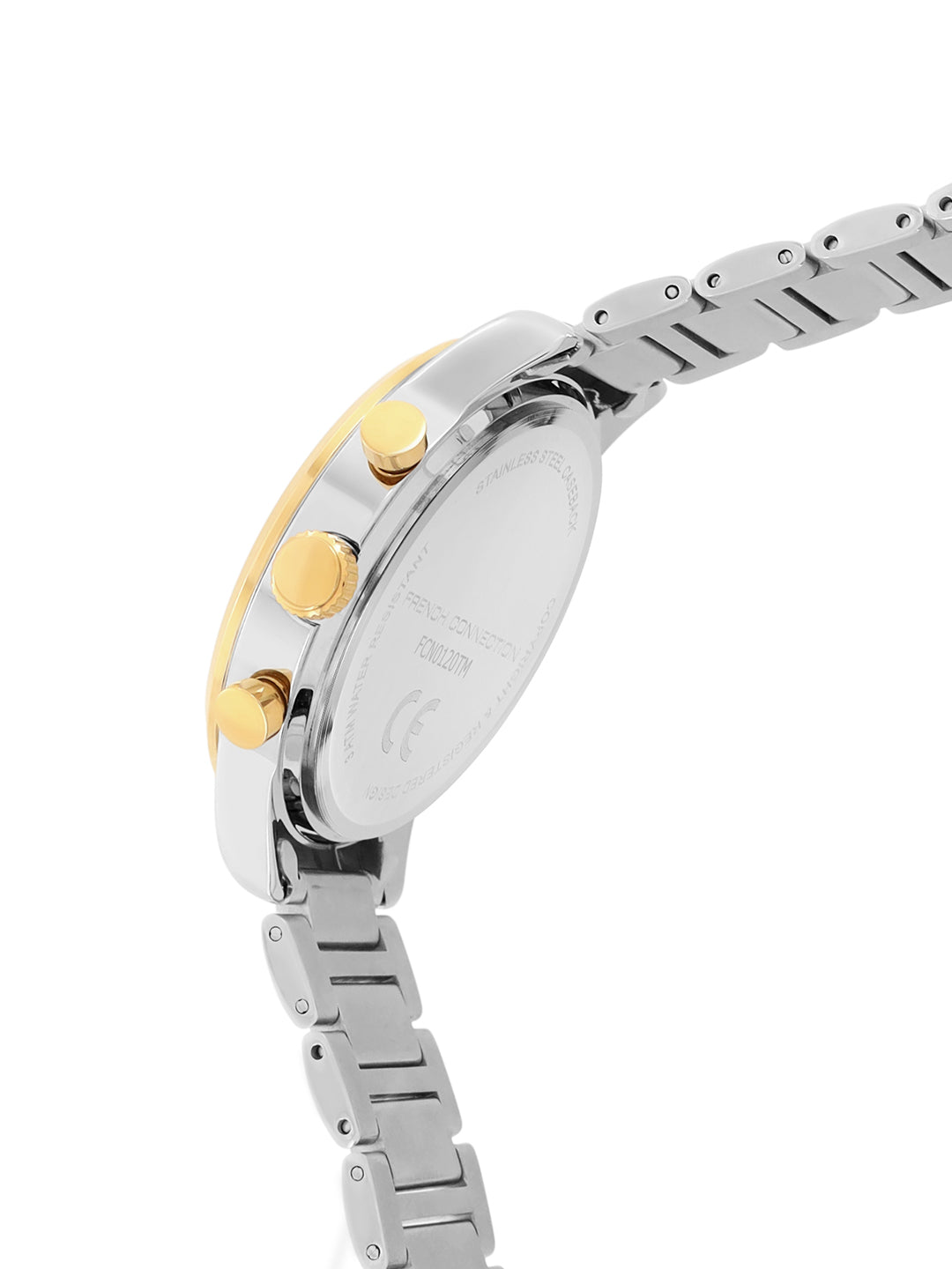 French Connection Sunray Silver Round Dial With Gold Two Tone Stainless Steel Strap Chronograph Watch - For Mens FCN0120TM