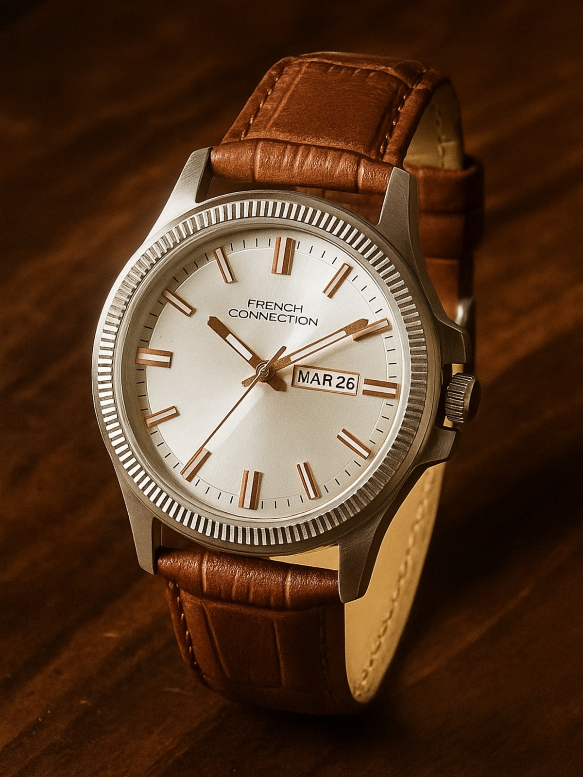 French Connection Sunray Silver Round Dial With Brown Leather Strap Watch - For Mens FCN0121BRL