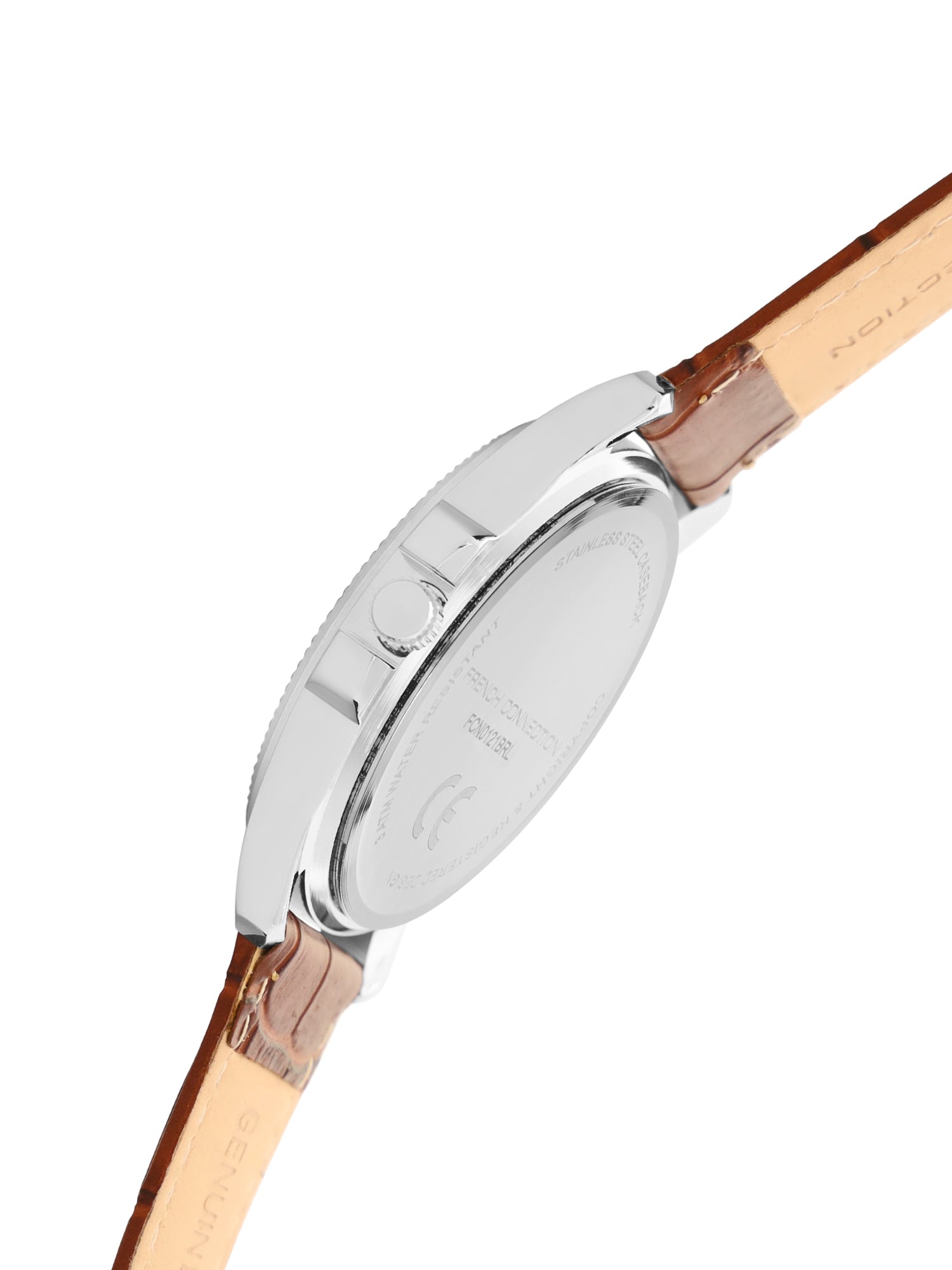 French Connection Sunray Silver Round Dial With Brown Leather Strap Watch - For Mens FCN0121BRL