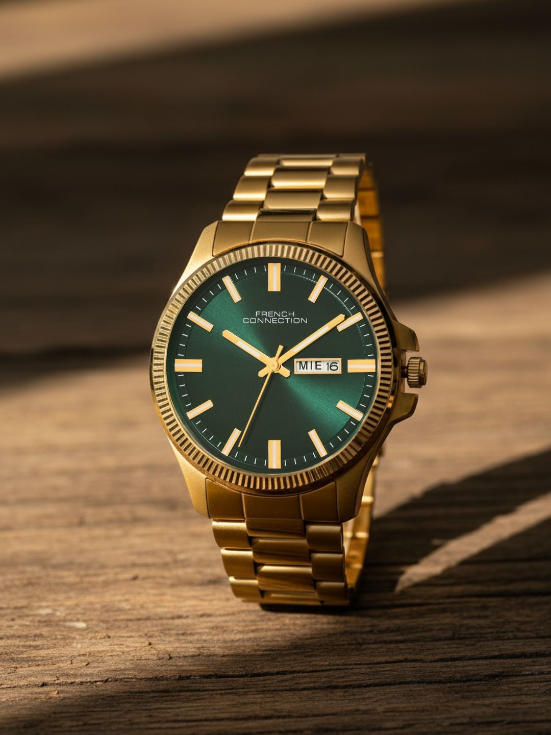 French Connection Sunray Green Round Dial With Gold Stainless Steel Strap Watch - For Mens FCN0121GM