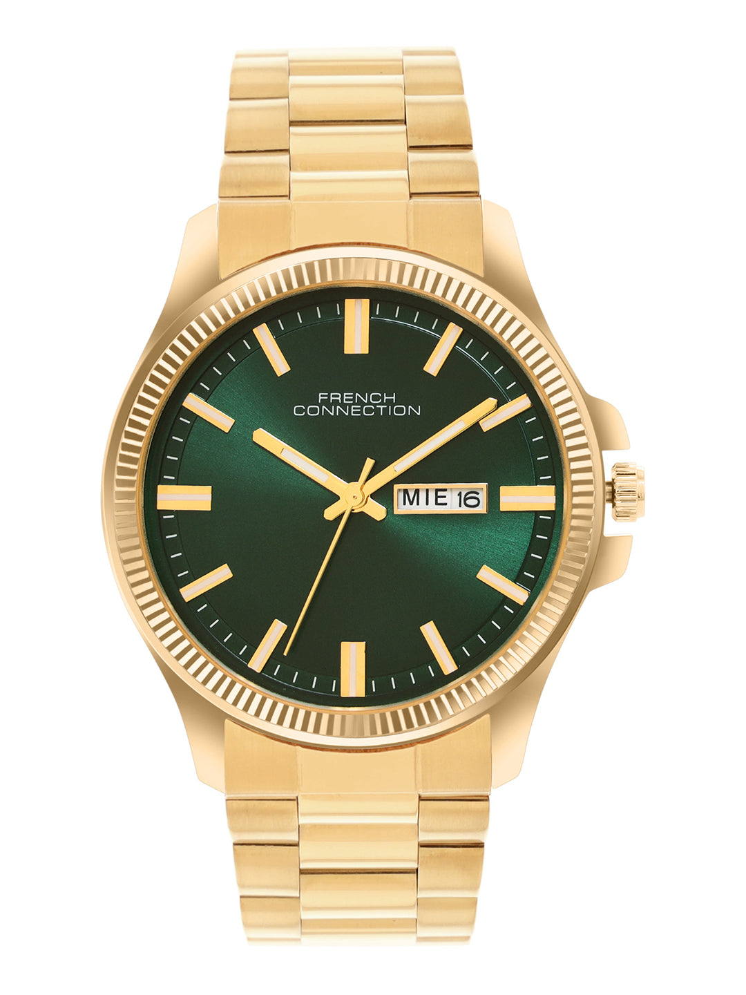 French Connection Sunray Green Round Dial With Gold Stainless Steel Strap Watch - For Mens FCN0121GM