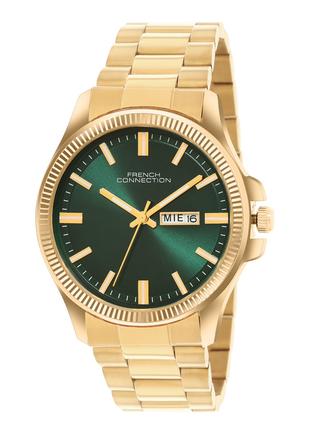 French Connection Sunray Green Round Dial With Gold Stainless Steel Strap Watch - For Mens FCN0121GM