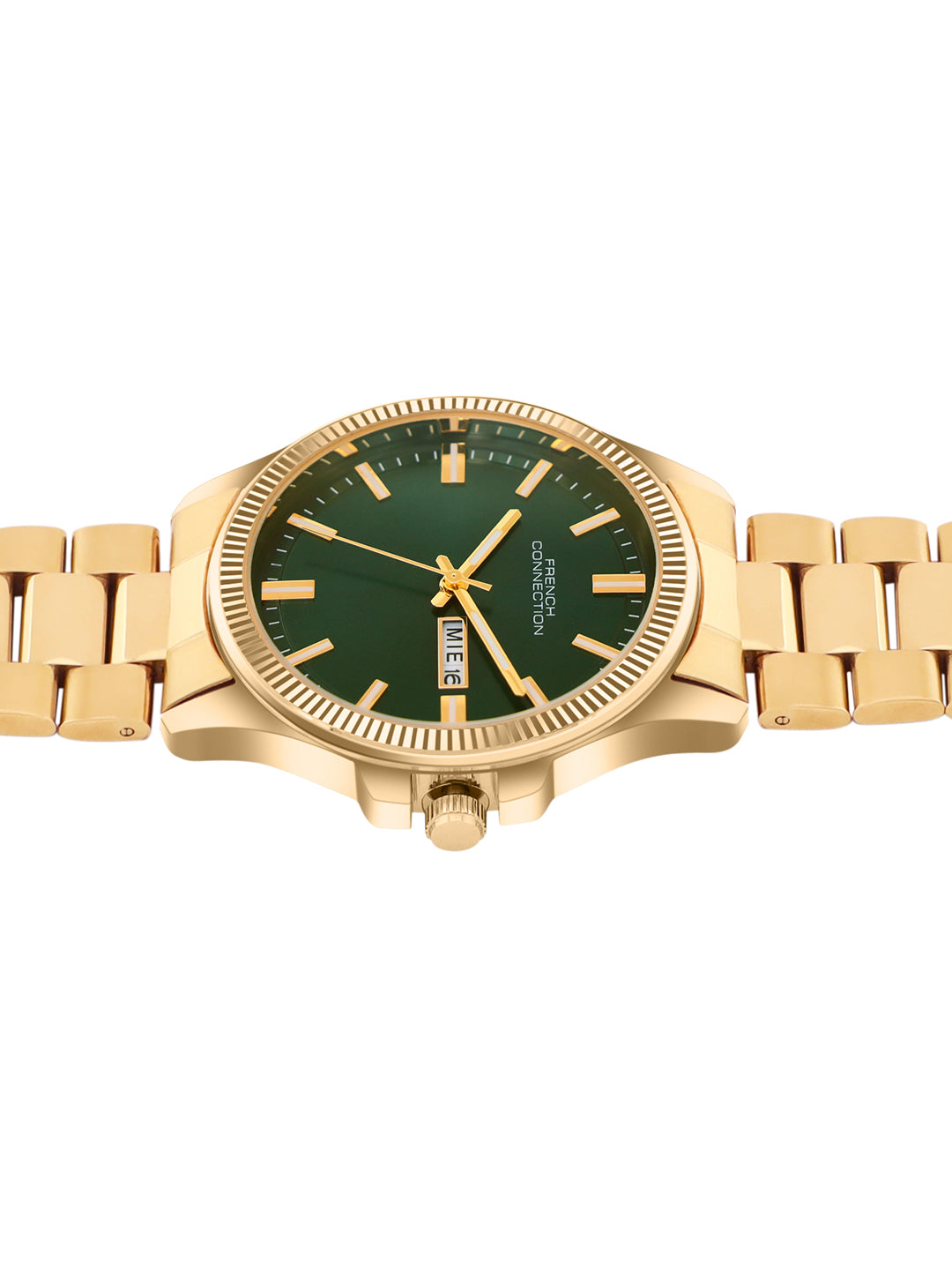 French Connection Sunray Green Round Dial With Gold Stainless Steel Strap Watch - For Mens FCN0121GM