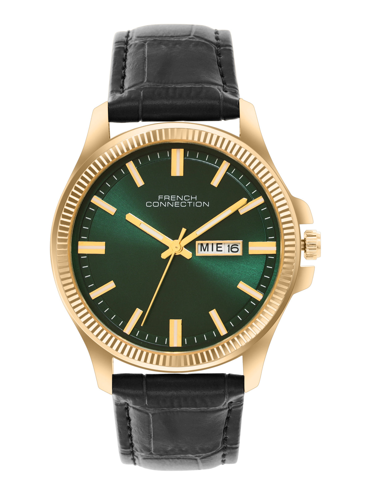 French Connection Sunray Green Round Dial With Black Leather Strap Watch - For Mens FCN0121NBL