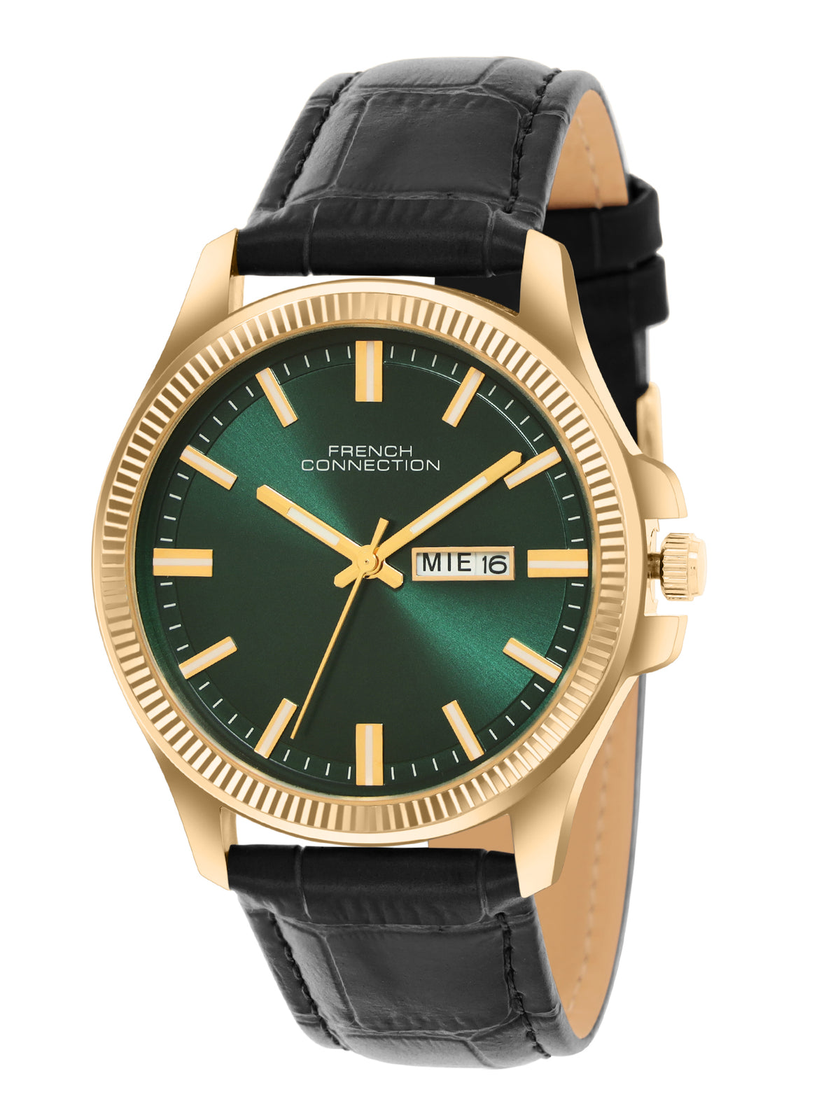 French Connection Sunray Green Round Dial With Black Leather Strap Watch - For Mens FCN0121NBL