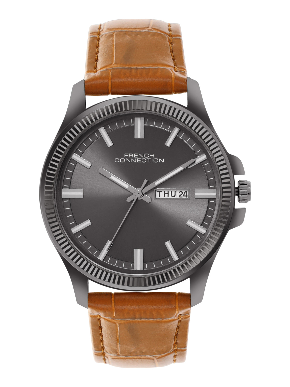 French Connection Sunray Gun Round Dial With Tan Leather Strap Watch - For Mens FCN0121TNL