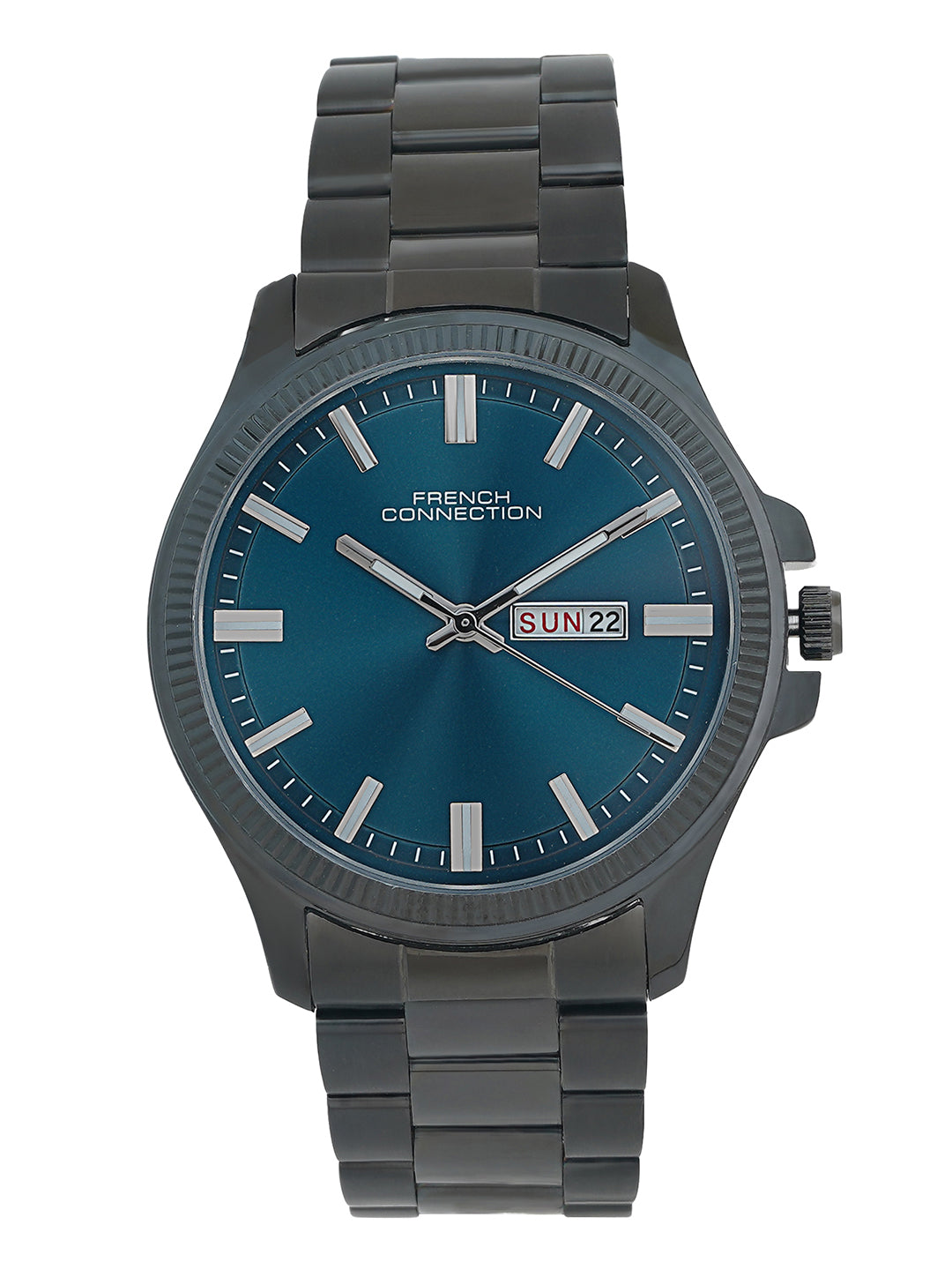 French Connection Sunray Blue Round Dial With Gun Stainless Steel Strap Watch - For Mens FCN0121UGNM