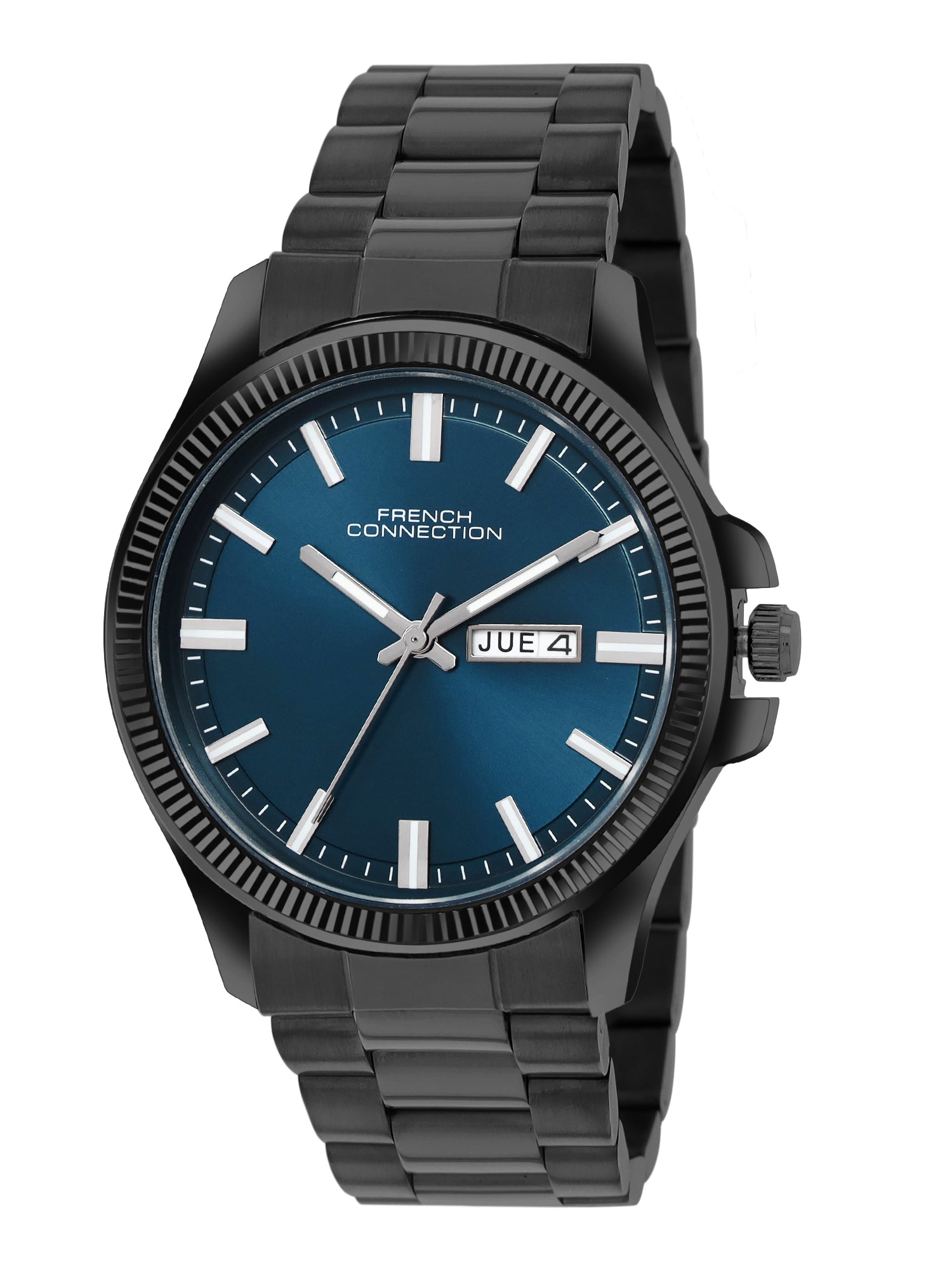 French Connection Sunray Blue Round Dial With Gun Stainless Steel Strap Watch - For Mens FCN0121UGNM