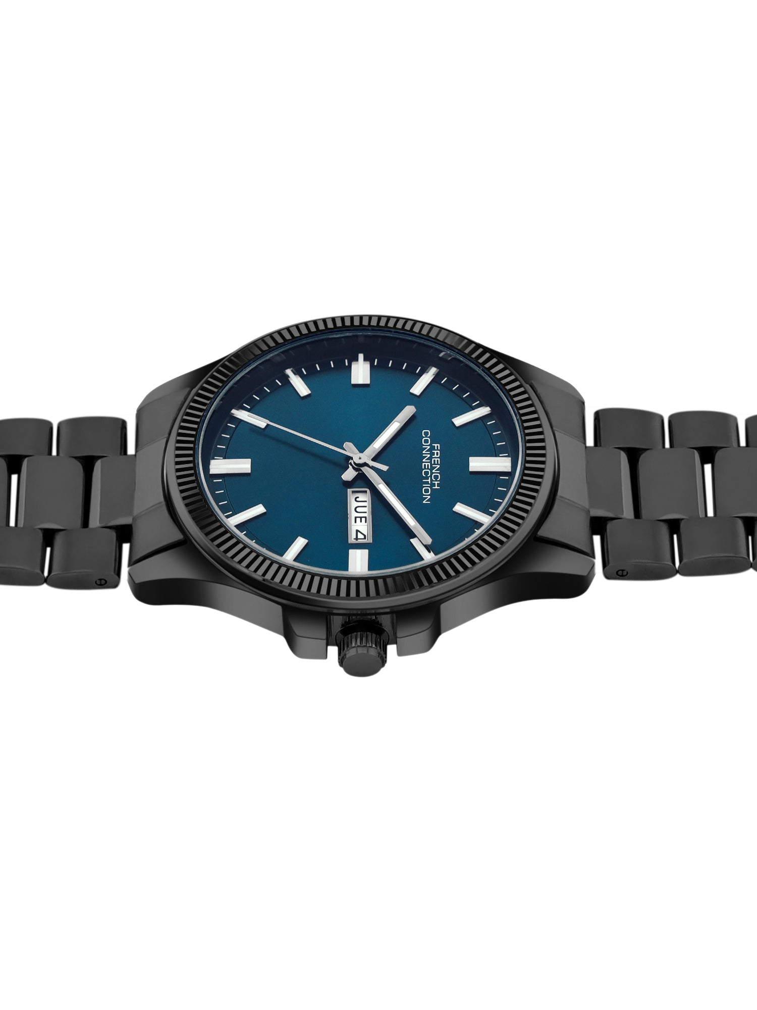 French Connection Sunray Blue Round Dial With Gun Stainless Steel Strap Watch - For Mens FCN0121UGNM
