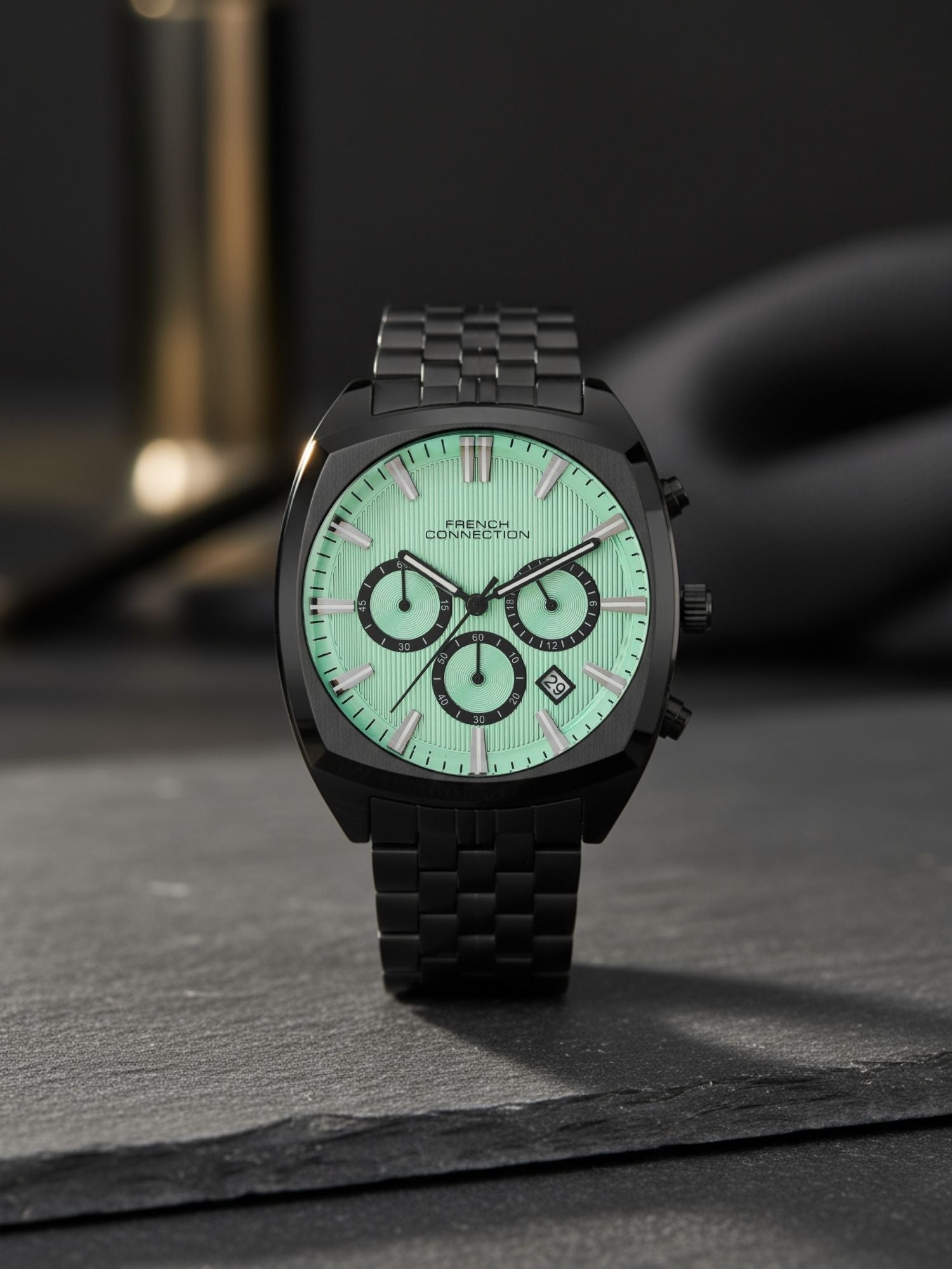 French Connection Textured Sea Green Round Dial With Black Stainless Steel Strap Chronograph Watch - For Mens FCN0122BM