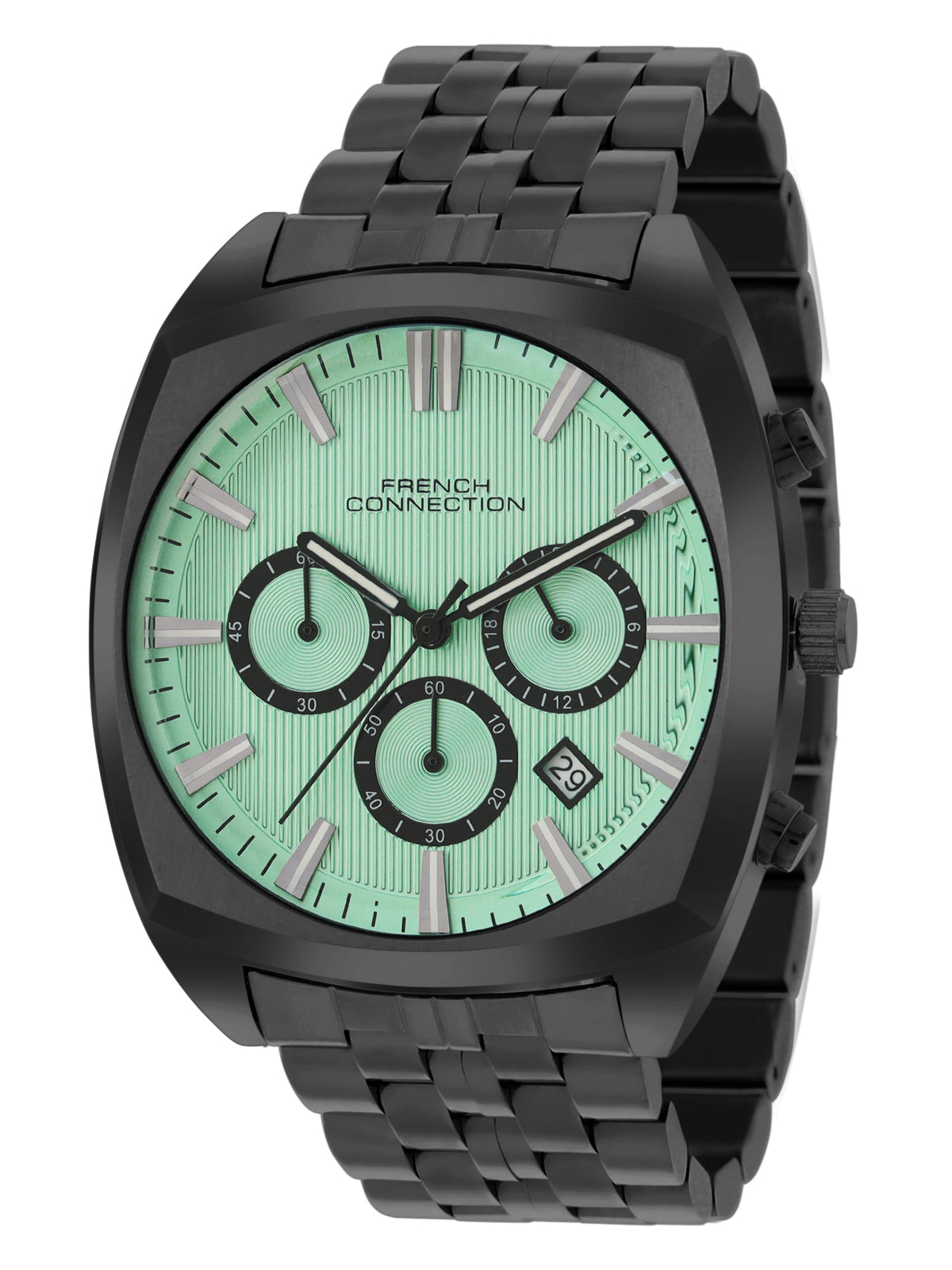 French Connection Textured Sea Green Round Dial With Black Stainless Steel Strap Chronograph Watch - For Mens FCN0122BM