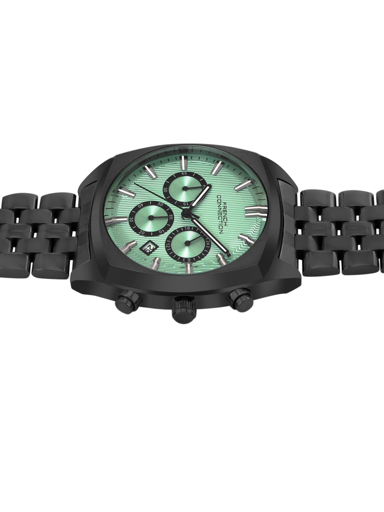 French Connection Textured Sea Green Round Dial With Black Stainless Steel Strap Chronograph Watch - For Mens FCN0122BM