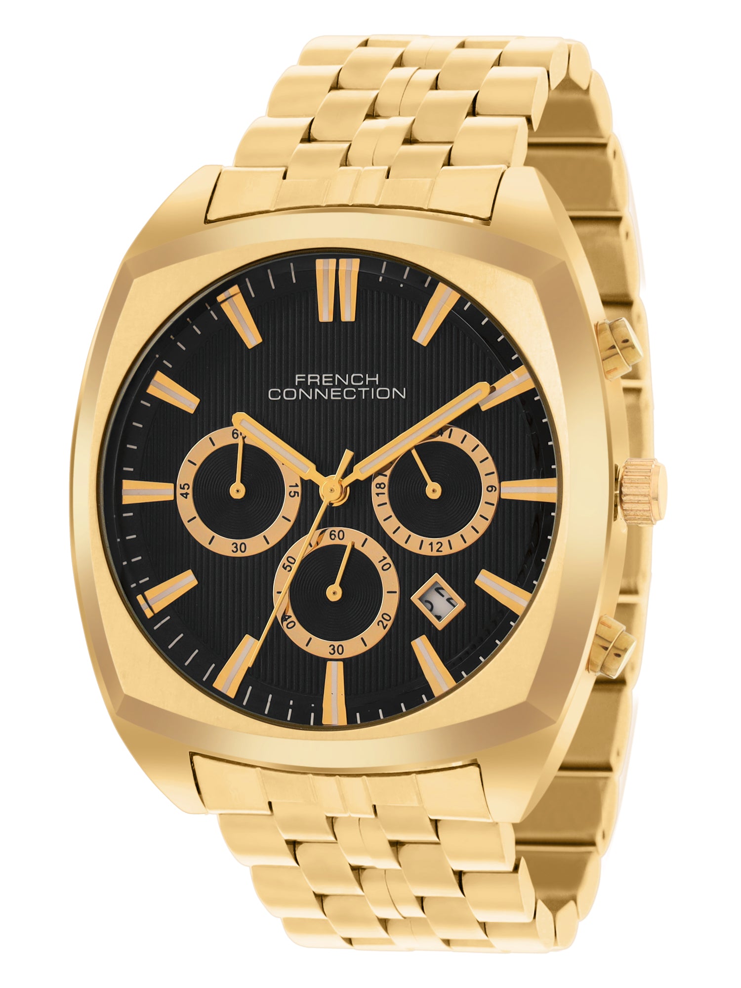 French Connection Textured Black Round Dial With Gold Stainless Steel Strap Chronograph Watch - For Mens FCN0122GM