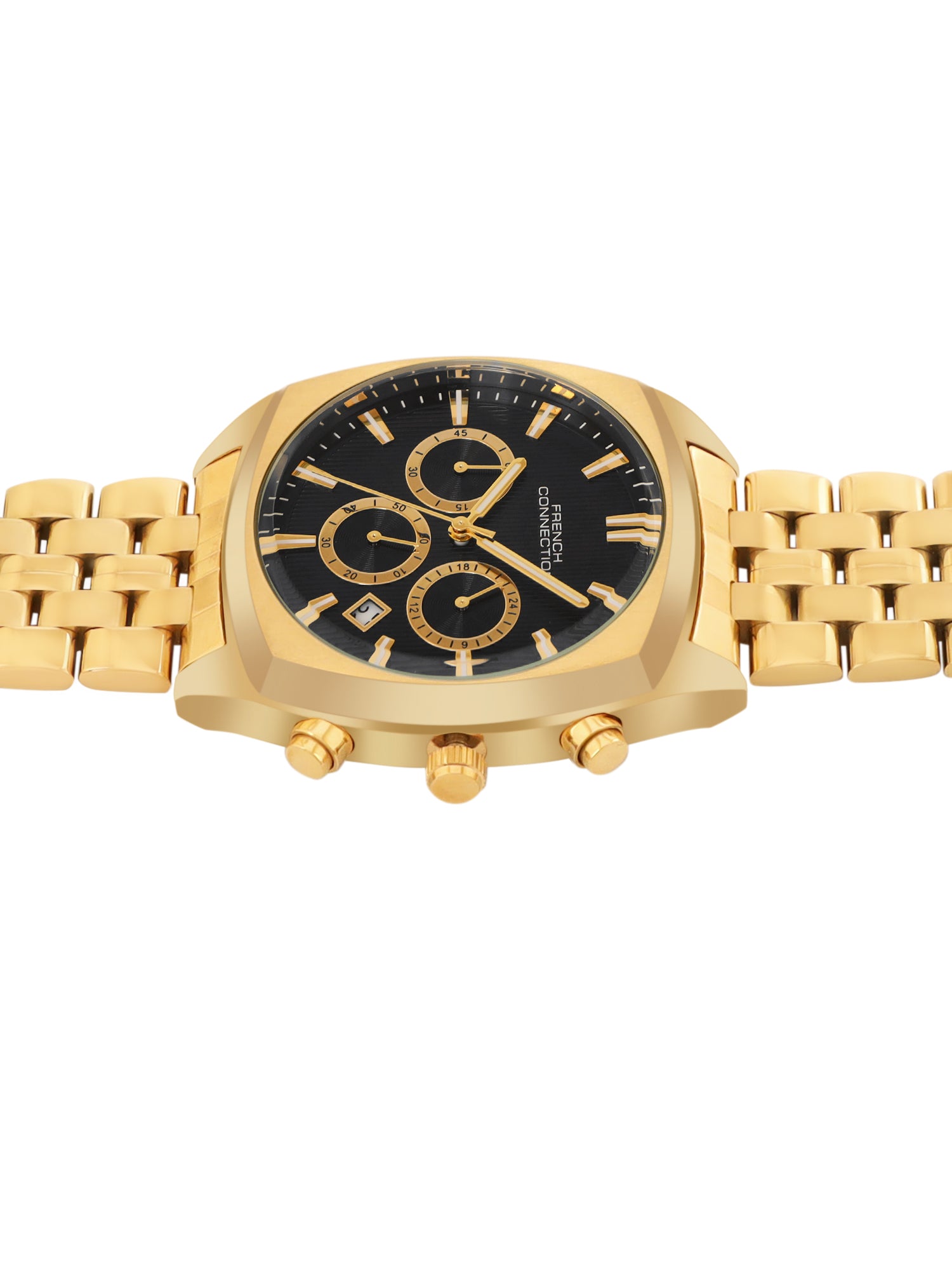 French Connection Textured Black Round Dial With Gold Stainless Steel Strap Chronograph Watch - For Mens FCN0122GM