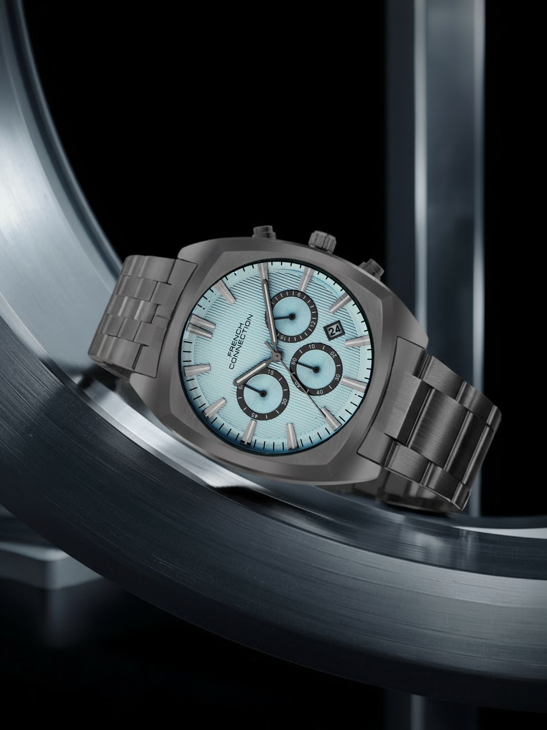 French Connection Textured Sky Blue Round Dial With Gun Stainless Steel Strap Chronograph Watch - For Mens FCN0122GNM
