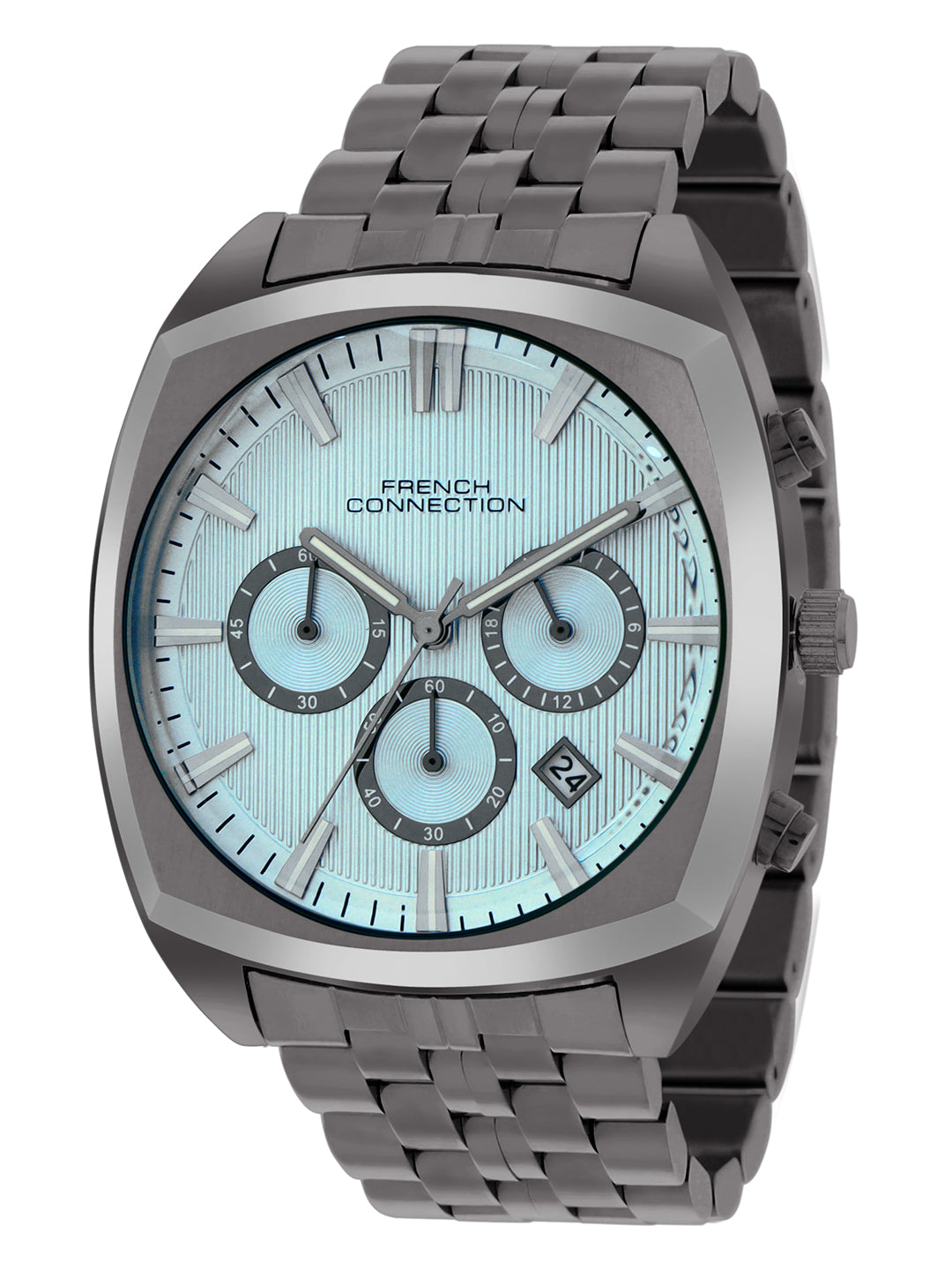 French Connection Textured Sky Blue Round Dial With Gun Stainless Steel Strap Chronograph Watch - For Mens FCN0122GNM