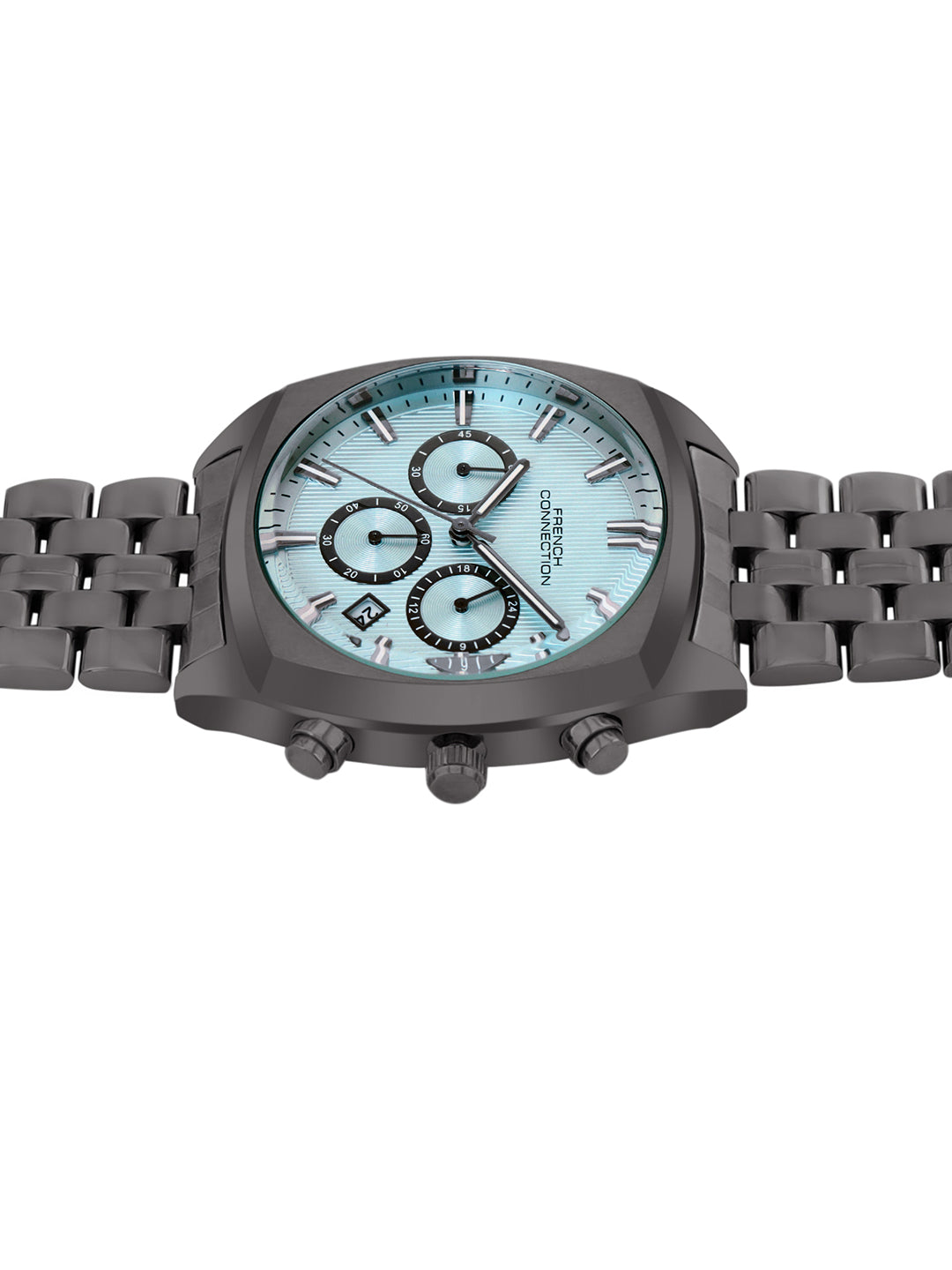 French Connection Textured Sky Blue Round Dial With Gun Stainless Steel Strap Chronograph Watch - For Mens FCN0122GNM