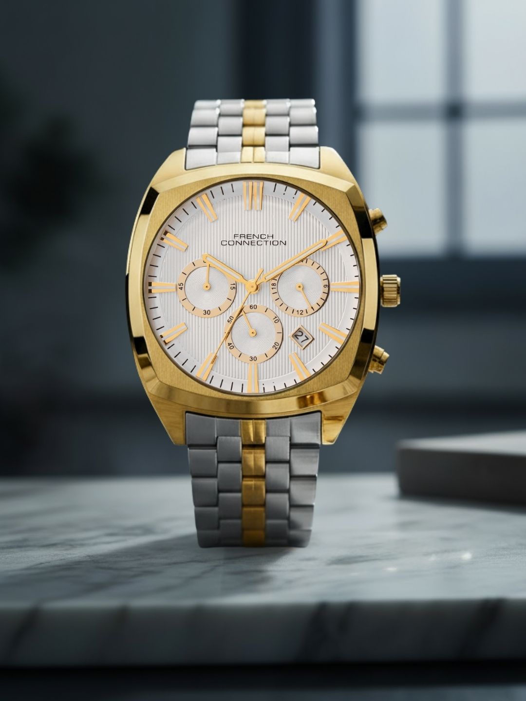 French Connection Textured Silver Round Dial With Gold Two Tone Stainless Steel Strap Chronograph Watch - For Mens FCN0122TM