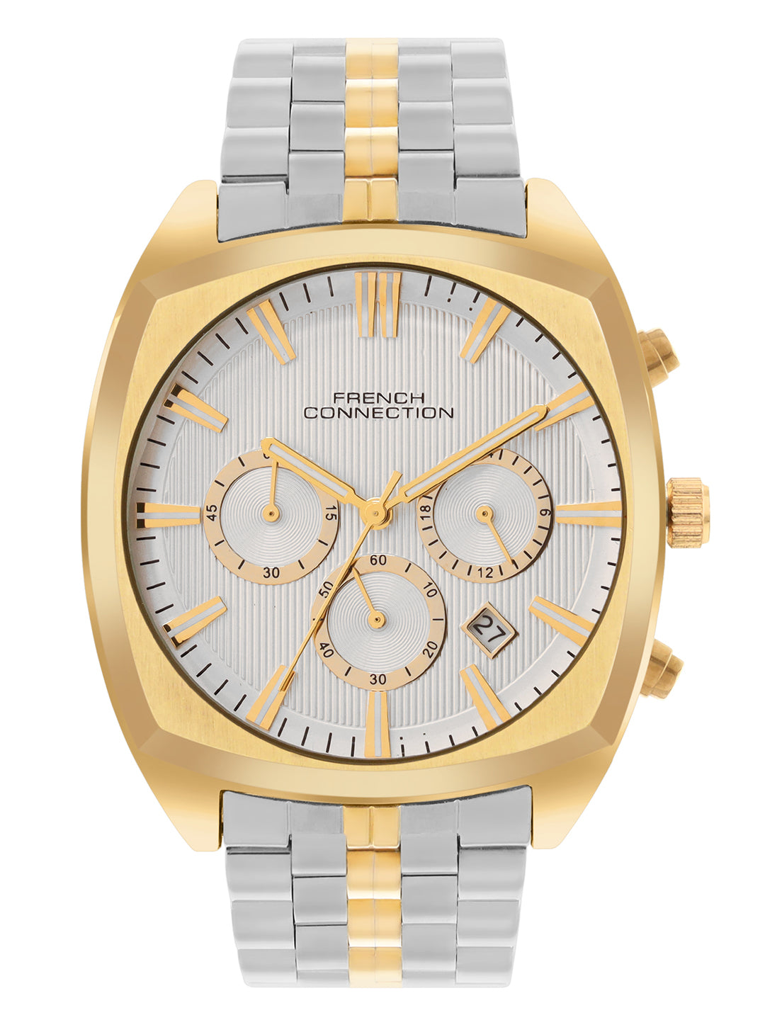 French Connection Textured Silver Round Dial With Gold Two Tone Stainless Steel Strap Chronograph Watch - For Mens FCN0122TM