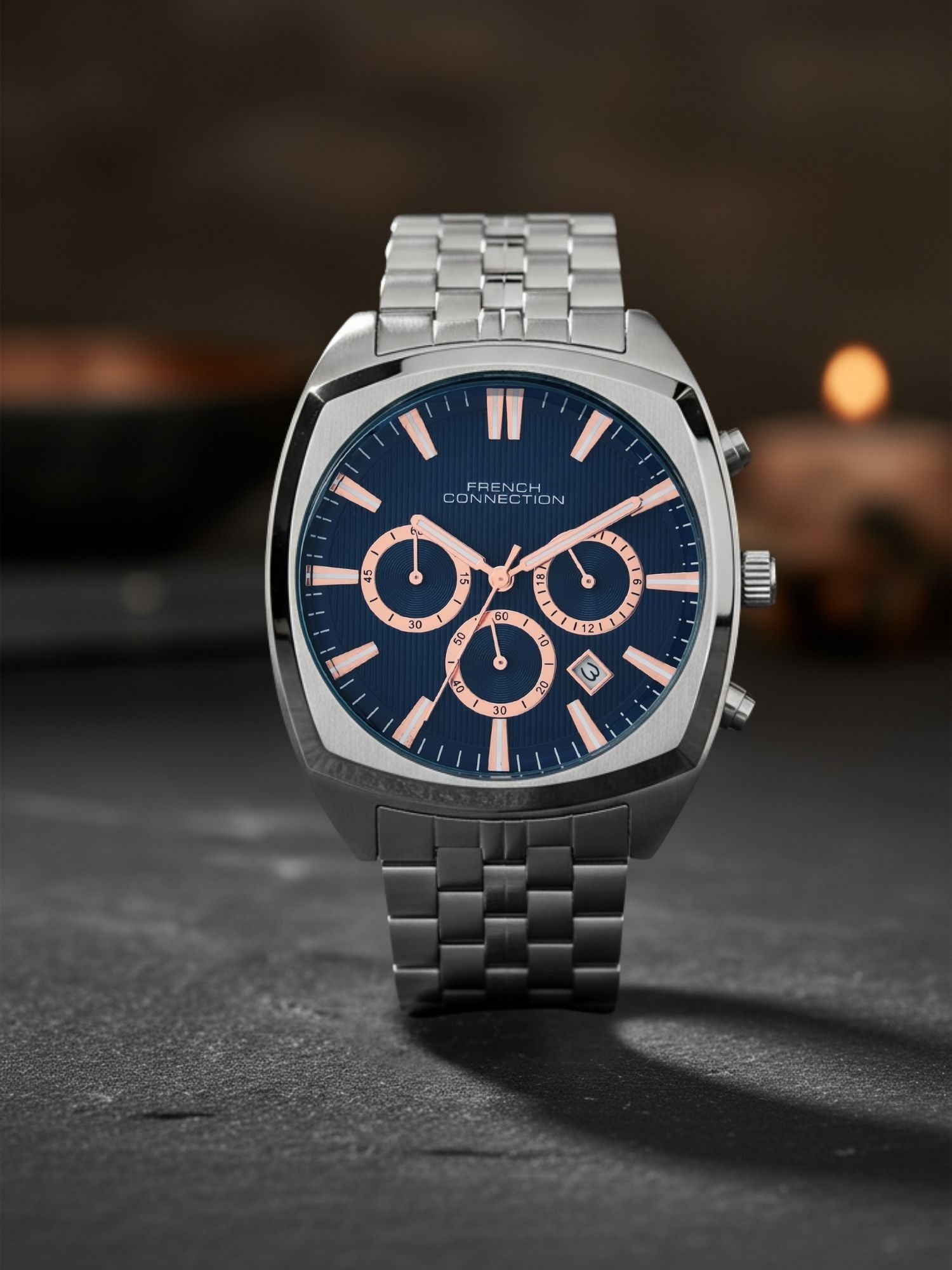French Connection Textured Blue Round Dial With Stainless Steel Strap Chronograph Watch - For Mens FCN0122USM