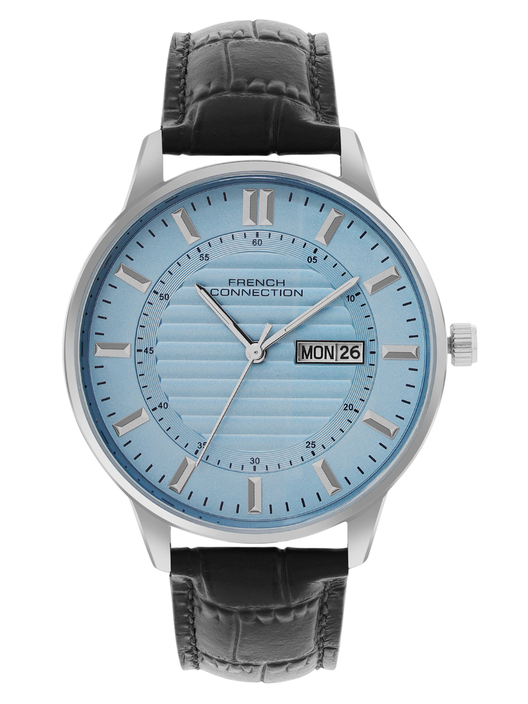 French Connection Textured Sky Blue Round Dial With Black Leather Strap Watch - For Mens FCN0123BL