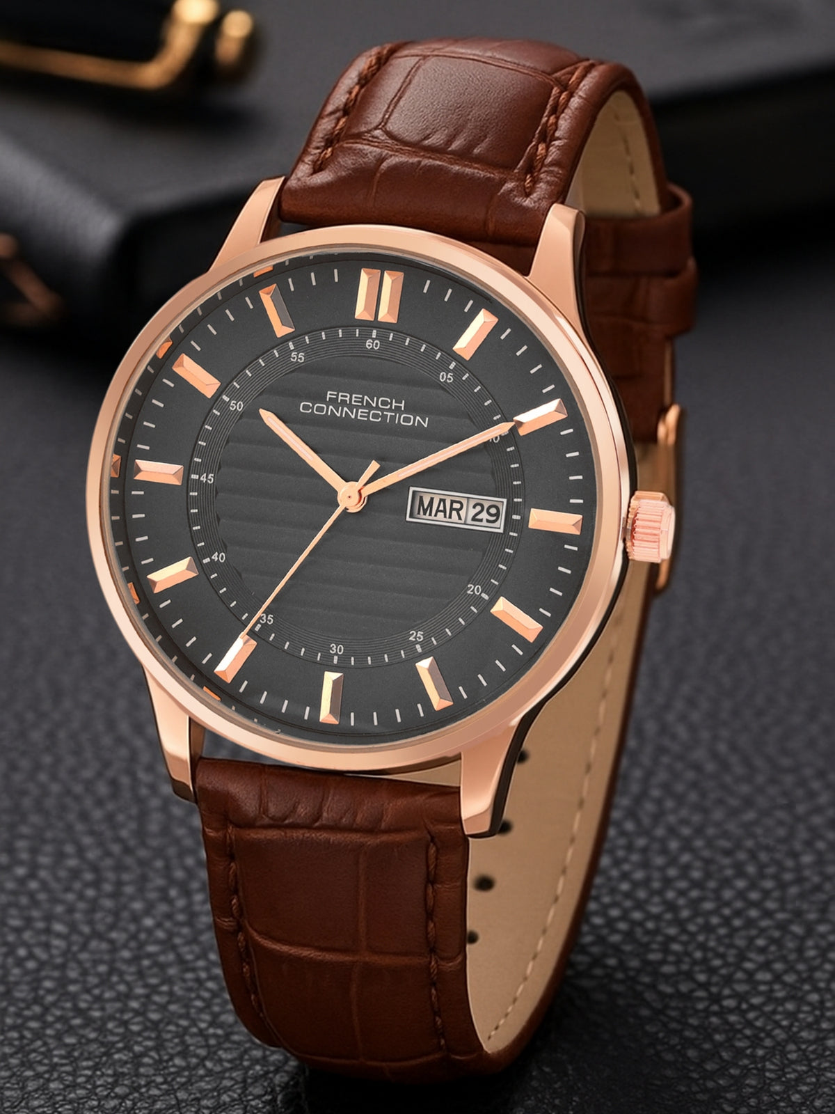 French Connection Textured Grey Round Dial With Black Leather Strap Watch - For Mens FCN0123BRL