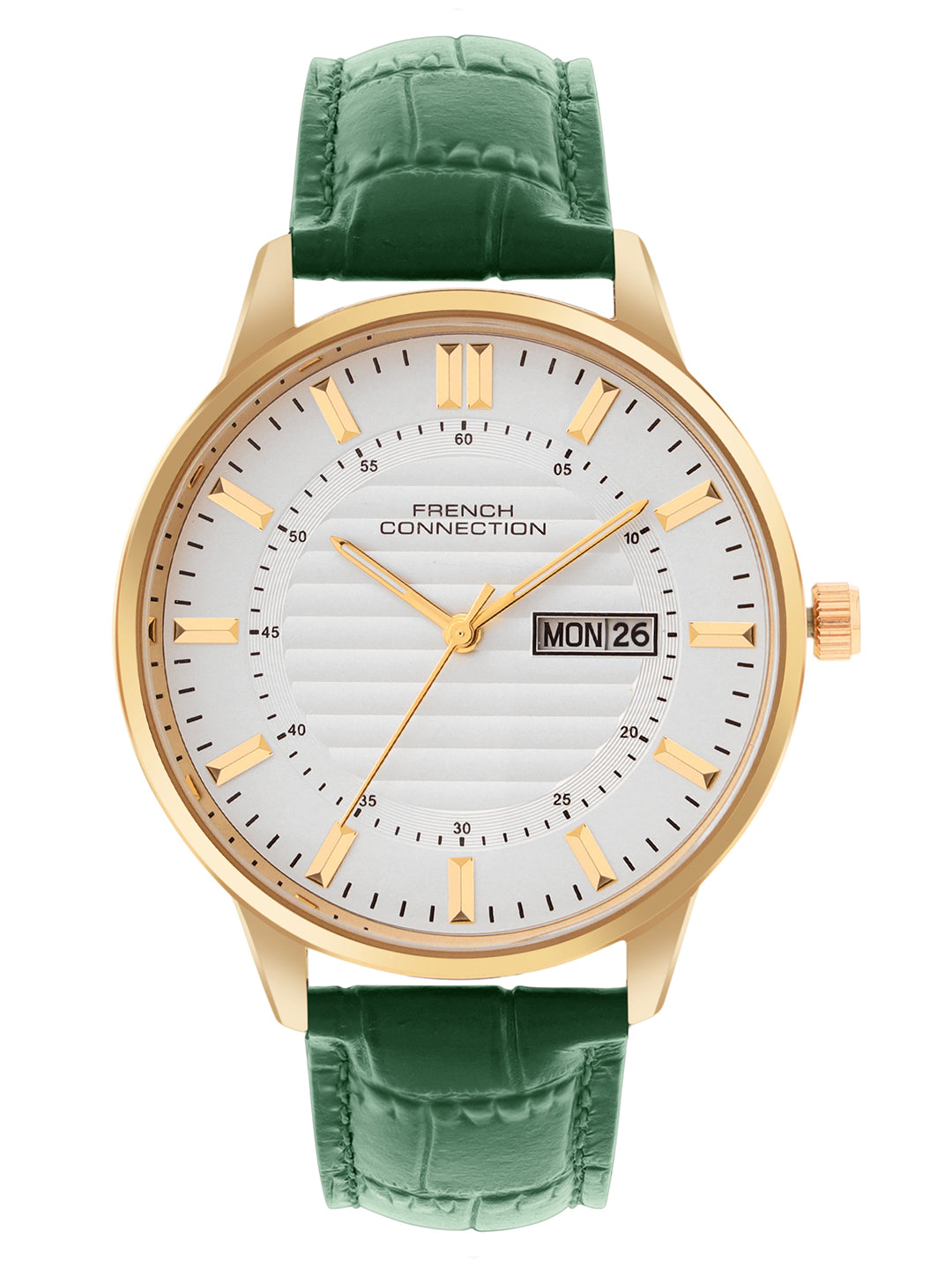French Connection Textured Silver Round Dial With Green Leather Strap Watch - For Mens FCN0123NL