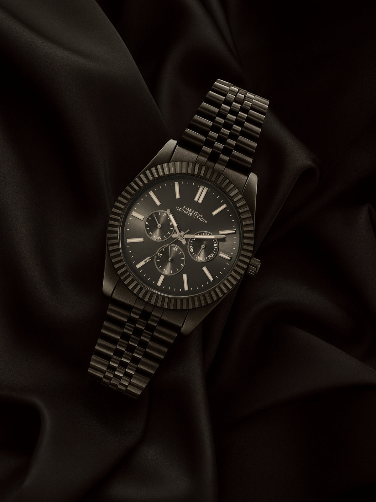 French Connection Sunray Black Round Dial With Black Stainless Steel Strap Multifunction Watch - For Mens FCN0124BM