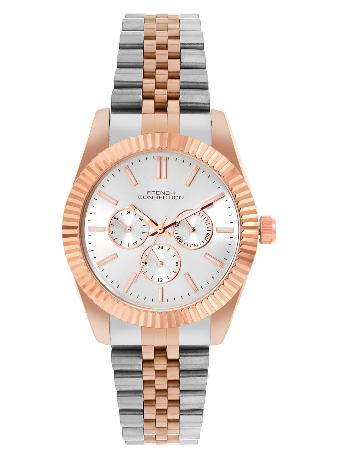 French Connection Sunray Silver Round Dial With Rose Two Tone Stainless Steel Strap Multifunction Watch - For Mens FCN0124RTM