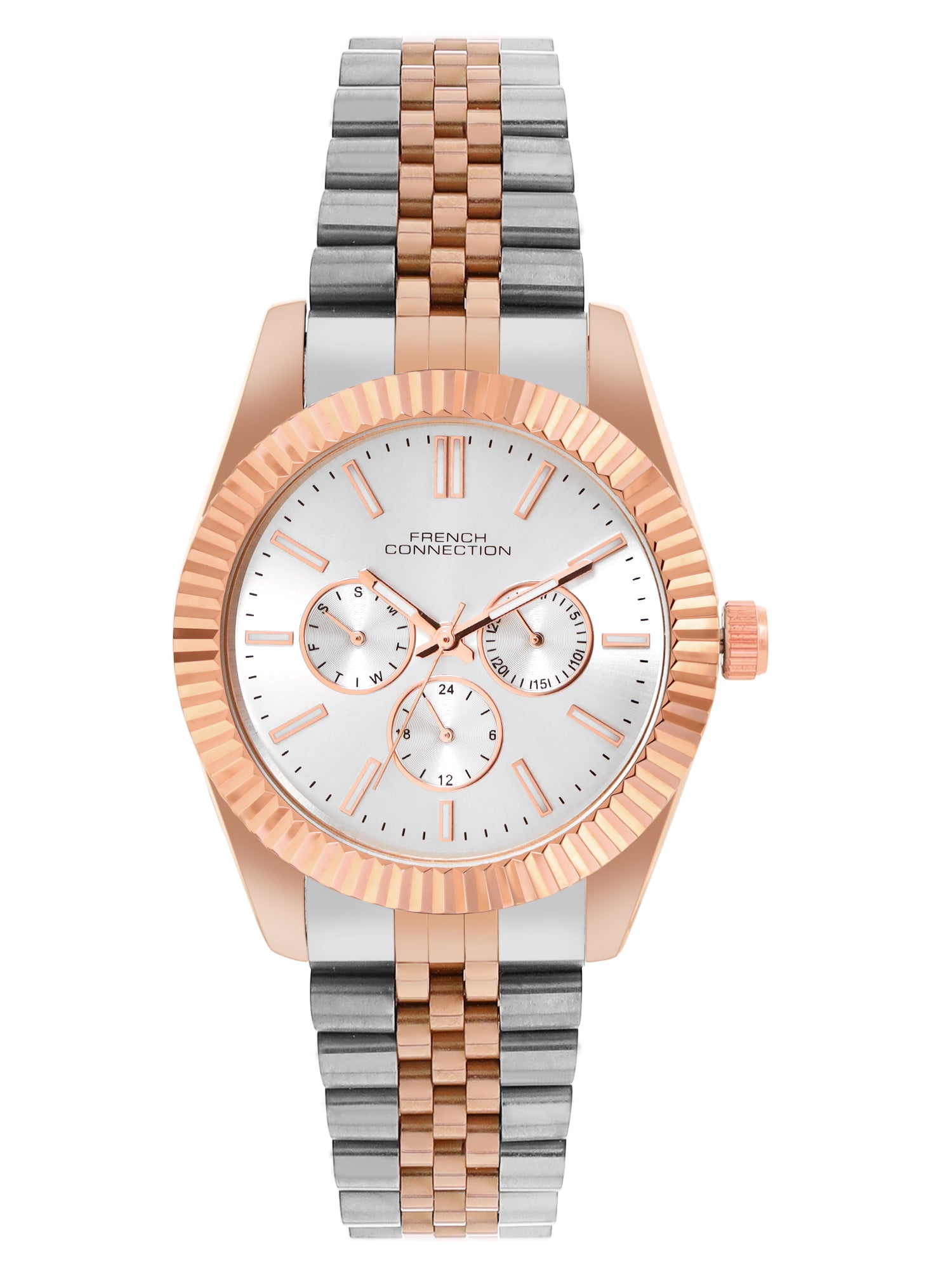 French Connection Sunray Silver Round Dial With Rose Two Tone Stainless Steel Strap Multifunction Watch - For Mens FCN0124RTM