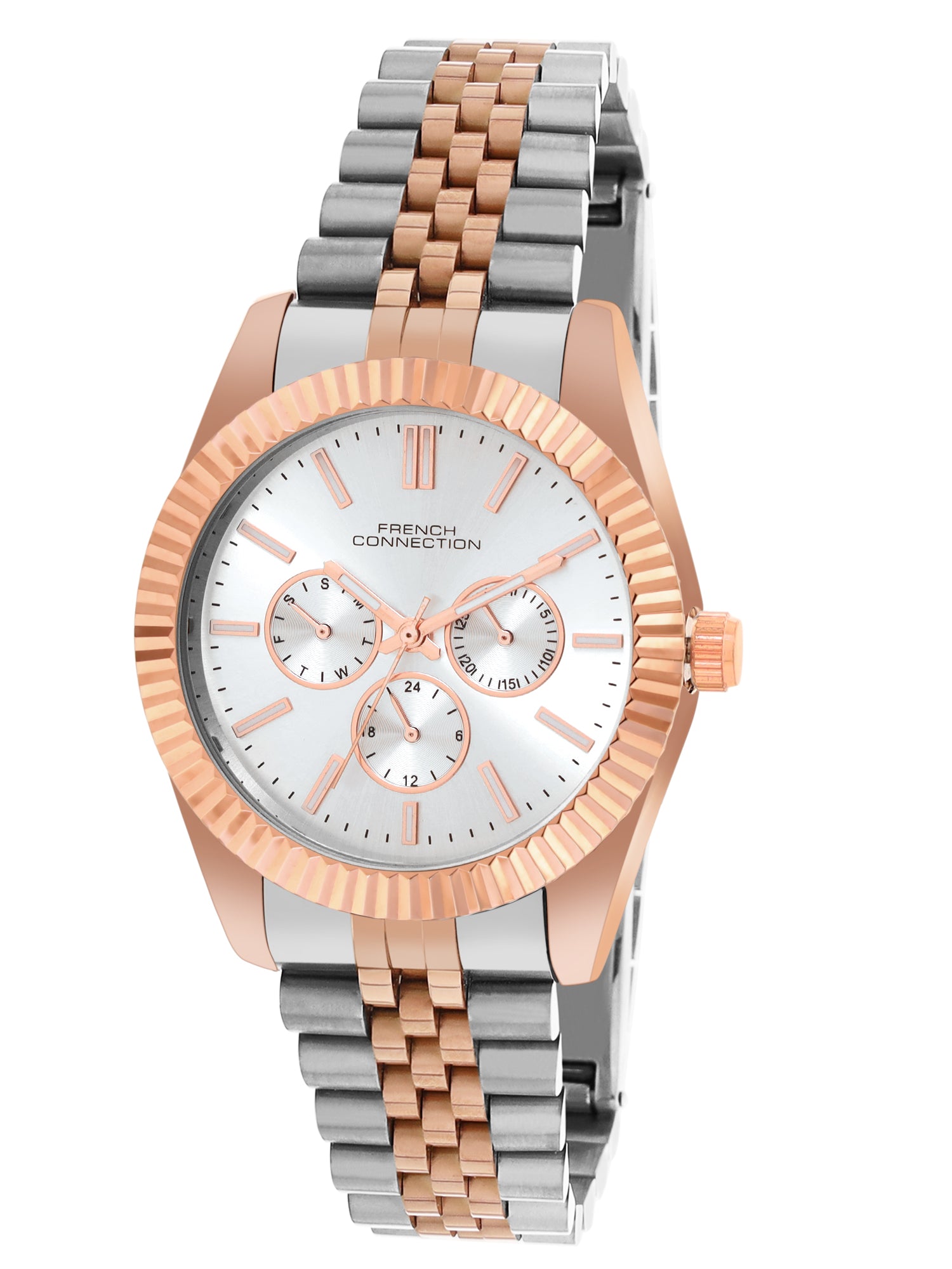 French Connection Sunray Silver Round Dial With Rose Two Tone Stainless Steel Strap Multifunction Watch - For Mens FCN0124RTM