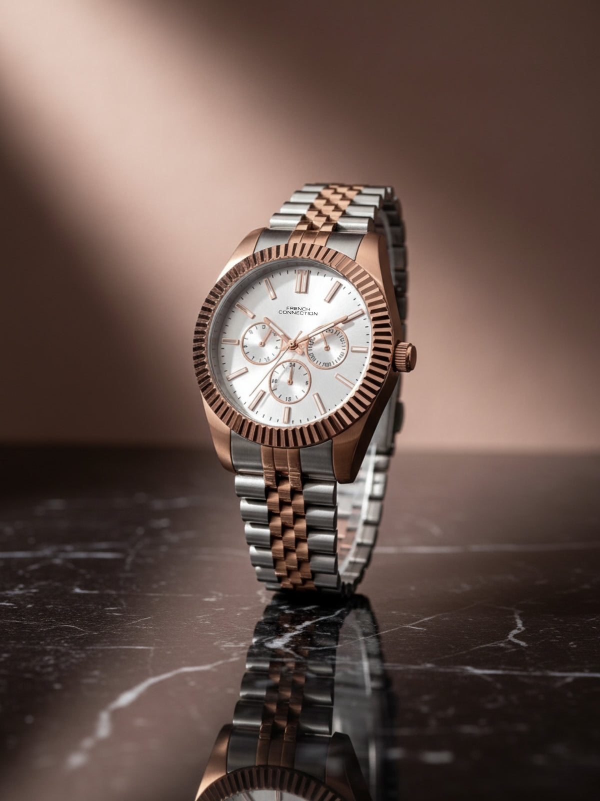 French Connection Sunray Silver Round Dial With Rose Two Tone Stainless Steel Strap Multifunction Watch - For Mens FCN0124RTM