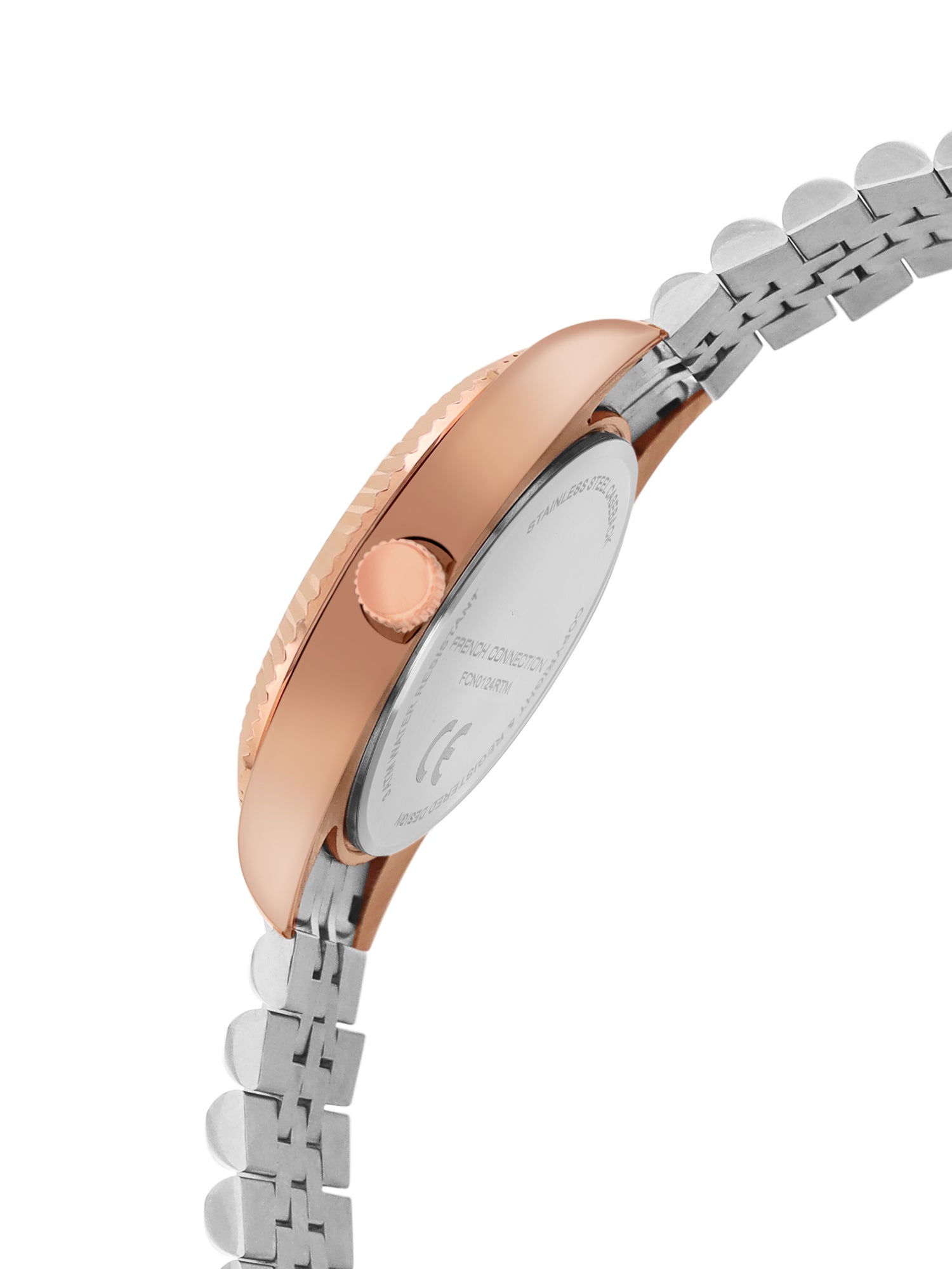 French Connection Sunray Silver Round Dial With Rose Two Tone Stainless Steel Strap Multifunction Watch - For Mens FCN0124RTM