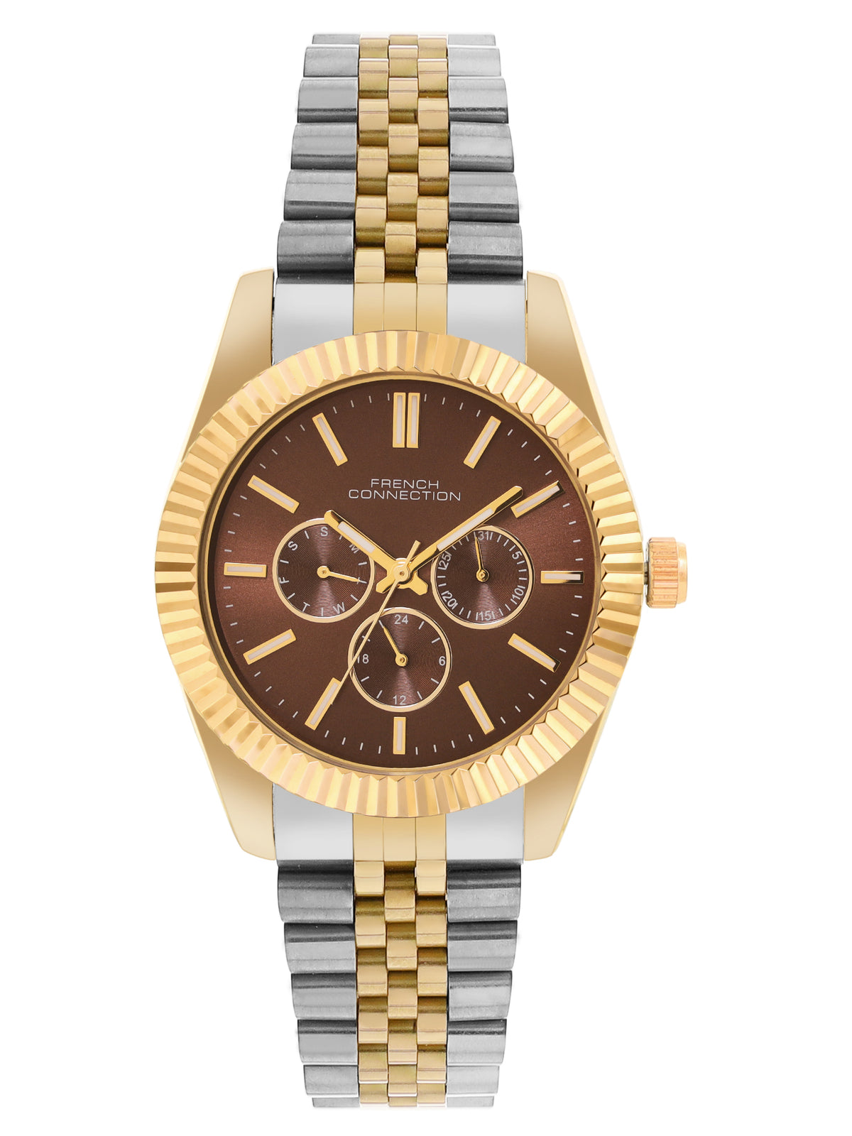 French Connection Sunray Brown Round Dial With Gold Two Tone Stainless Steel Strap Multifunction Watch - For Mens FCN0124TM
