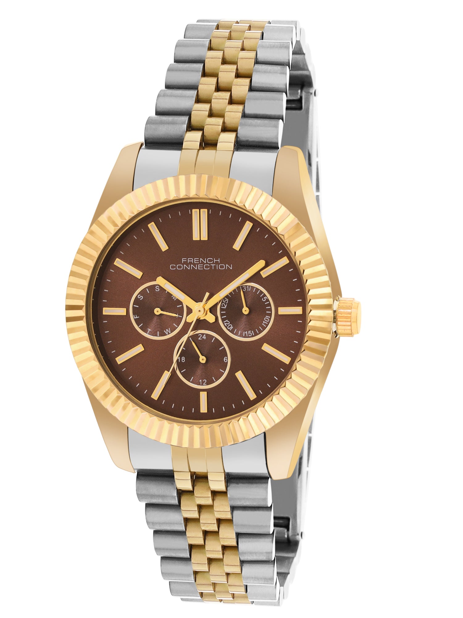 French Connection Sunray Brown Round Dial With Gold Two Tone Stainless Steel Strap Multifunction Watch - For Mens FCN0124TM