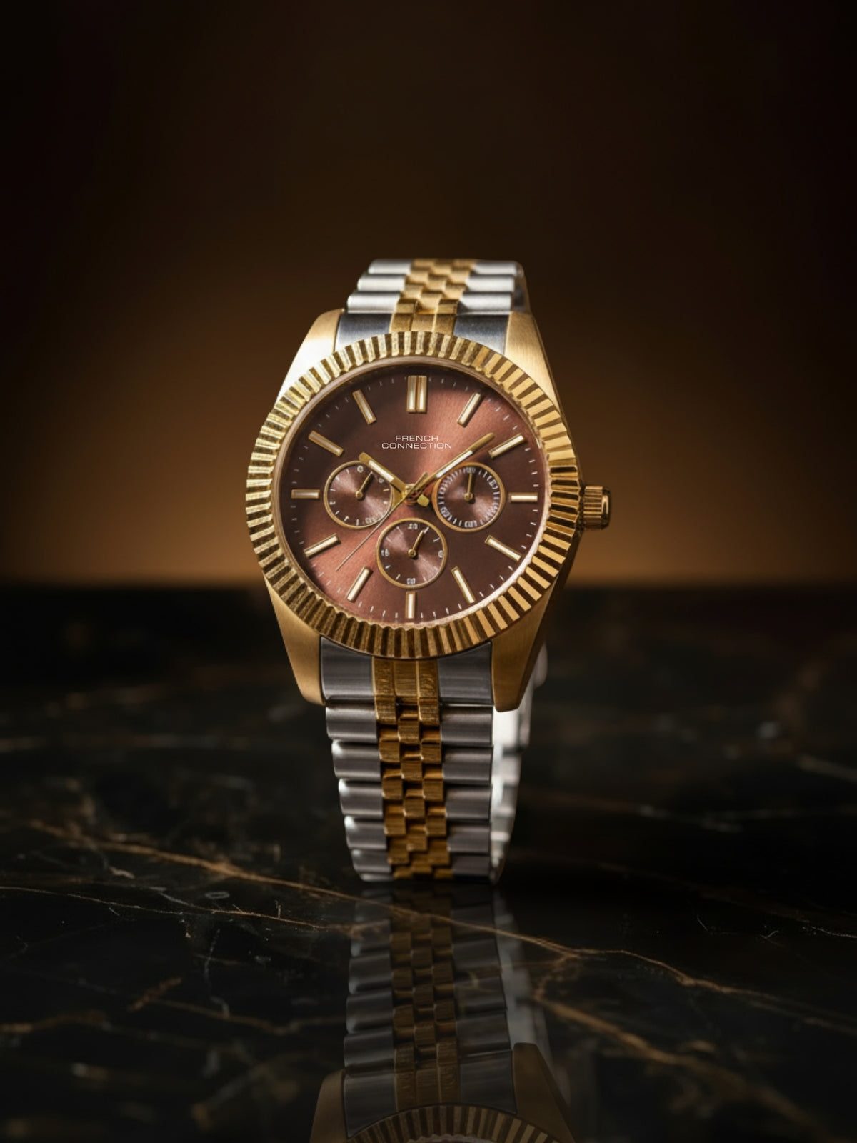 French Connection Sunray Brown Round Dial With Gold Two Tone Stainless Steel Strap Multifunction Watch - For Mens FCN0124TM