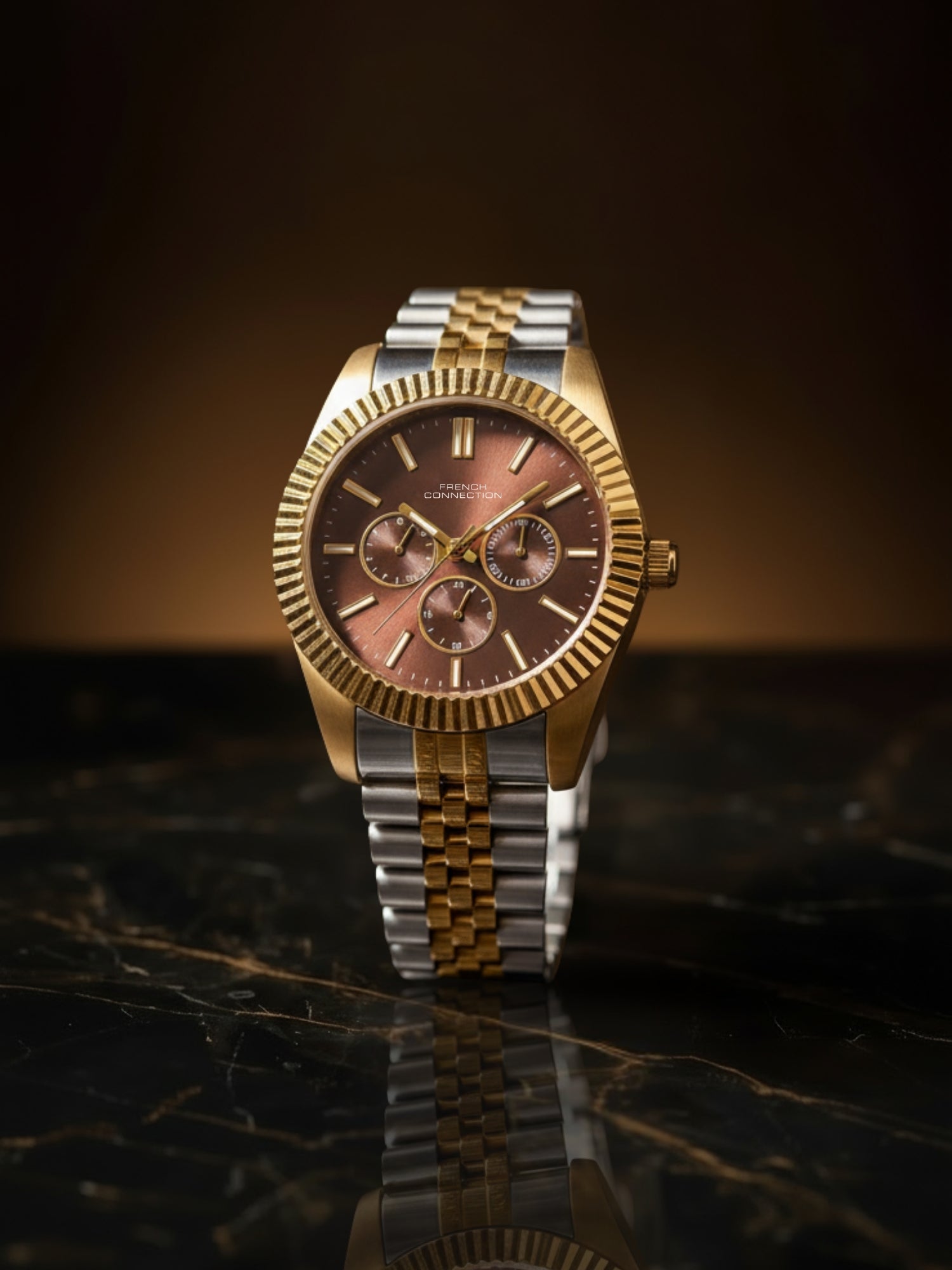 French Connection Sunray Brown Round Dial With Gold Two Tone Stainless Steel Strap Multifunction Watch - For Mens FCN0124TM