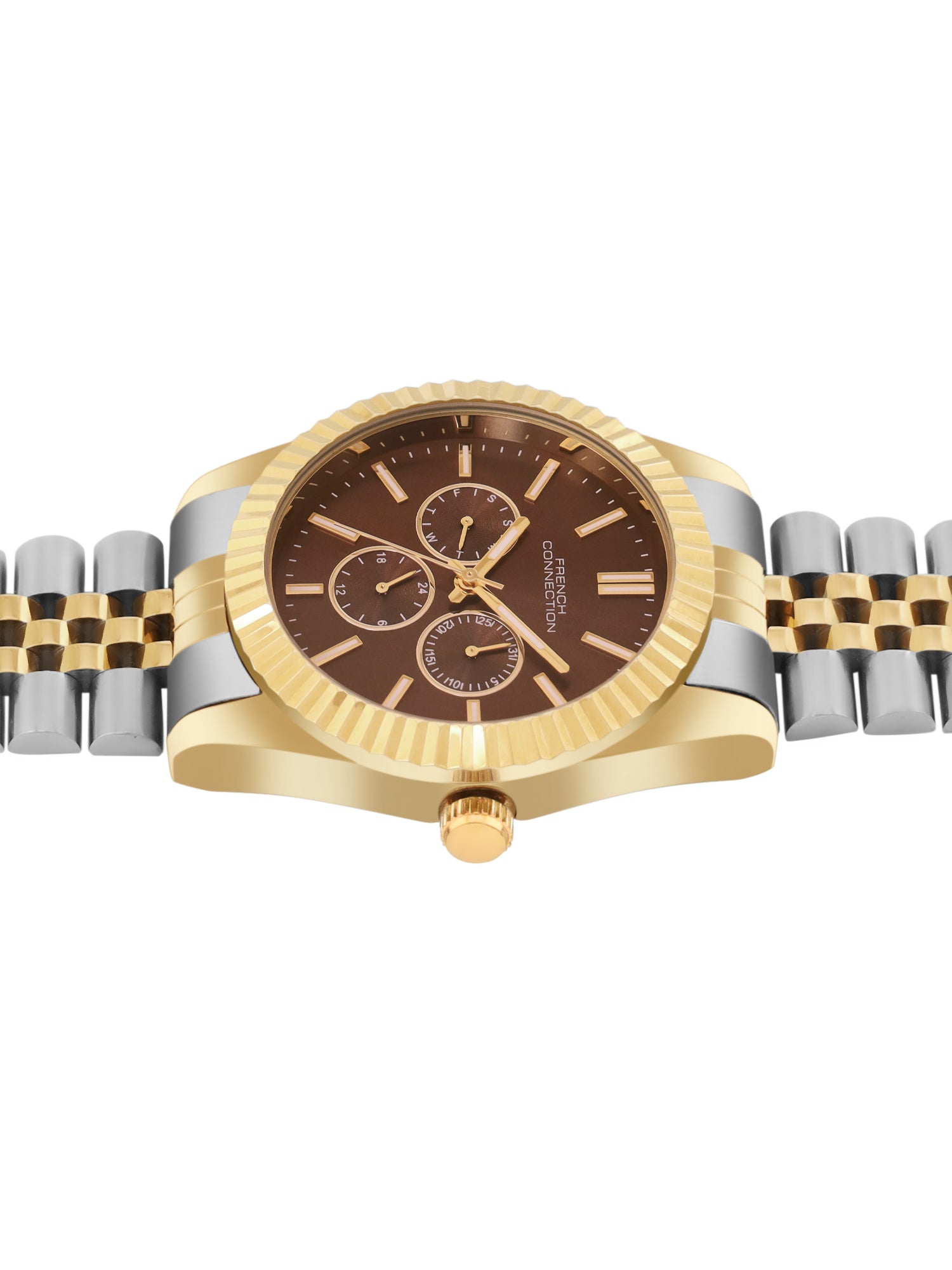 French Connection Sunray Brown Round Dial With Gold Two Tone Stainless Steel Strap Multifunction Watch - For Mens FCN0124TM