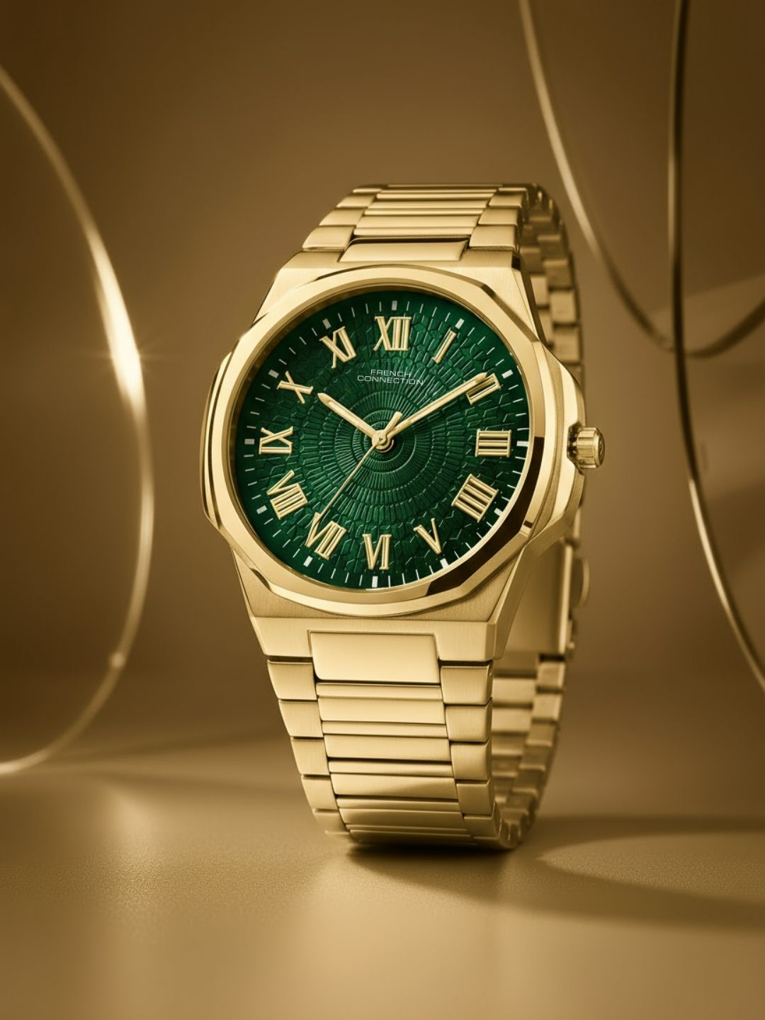 French Connection Textured Green Round Dial With Gold Stainless Steel Strap Watch - For Mens FCN0125GM
