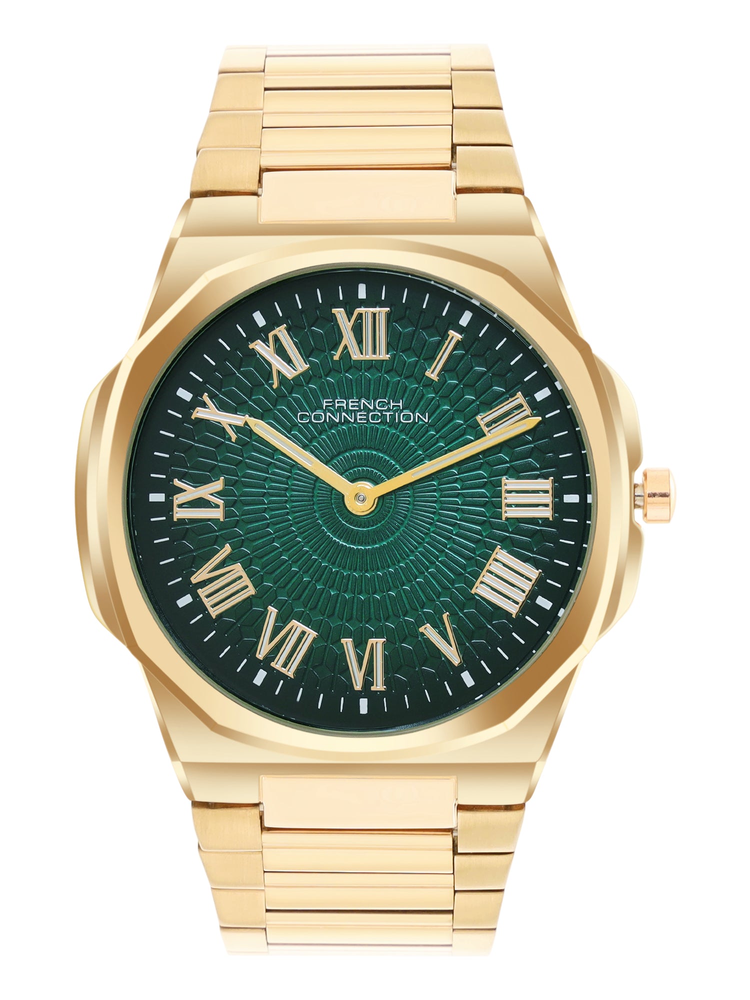 French Connection Textured Green Round Dial With Gold Stainless Steel Strap Watch - For Mens FCN0125GM