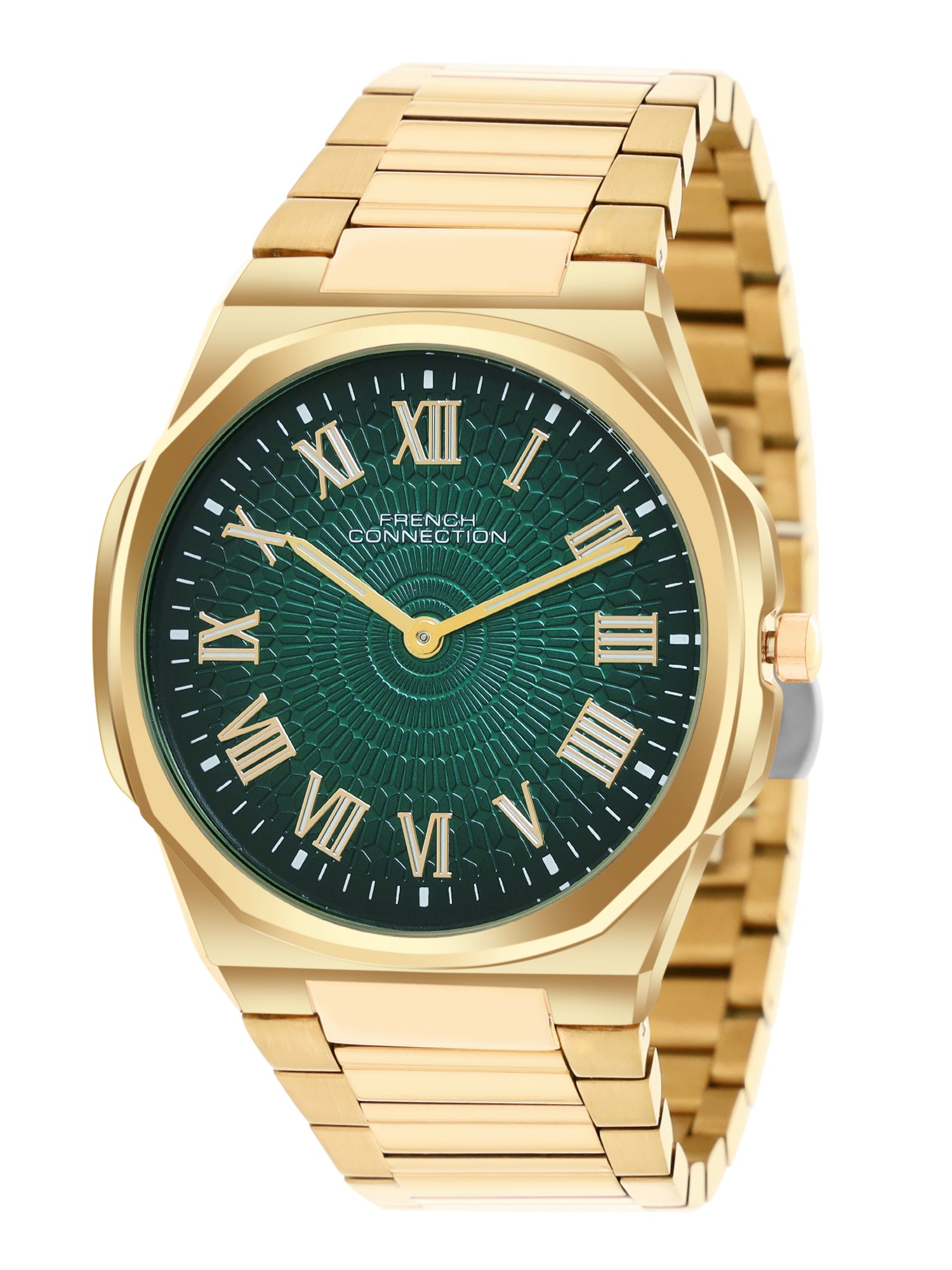 French Connection Textured Green Round Dial With Gold Stainless Steel Strap Watch - For Mens FCN0125GM