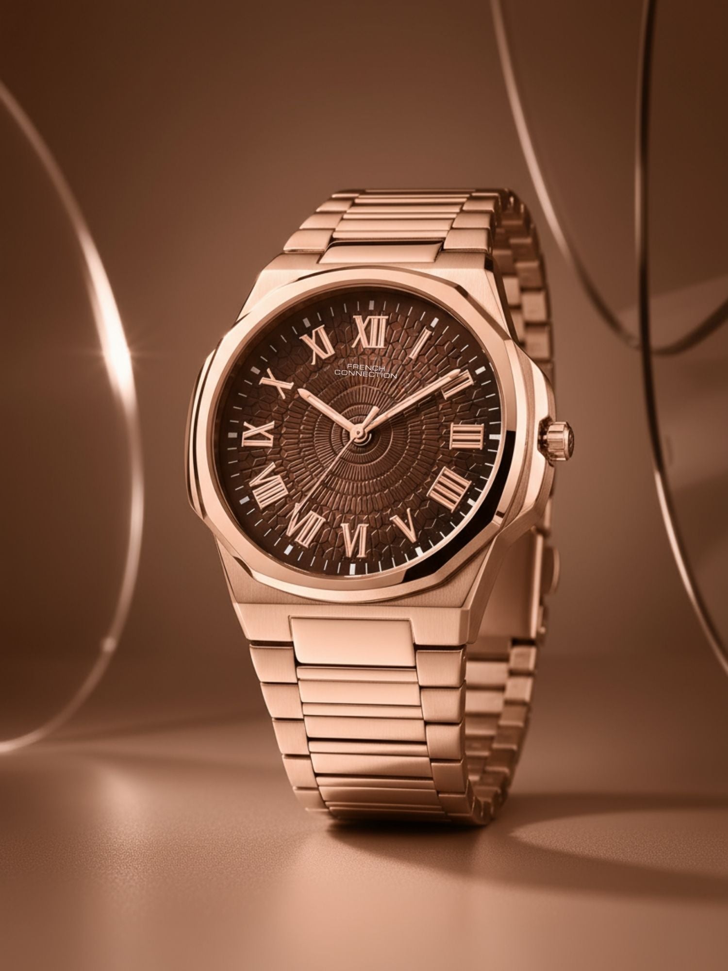 French Connection Textured Brown Round Dial With Rose Stainless Steel Strap Watch - For Mens FCN0125RGM