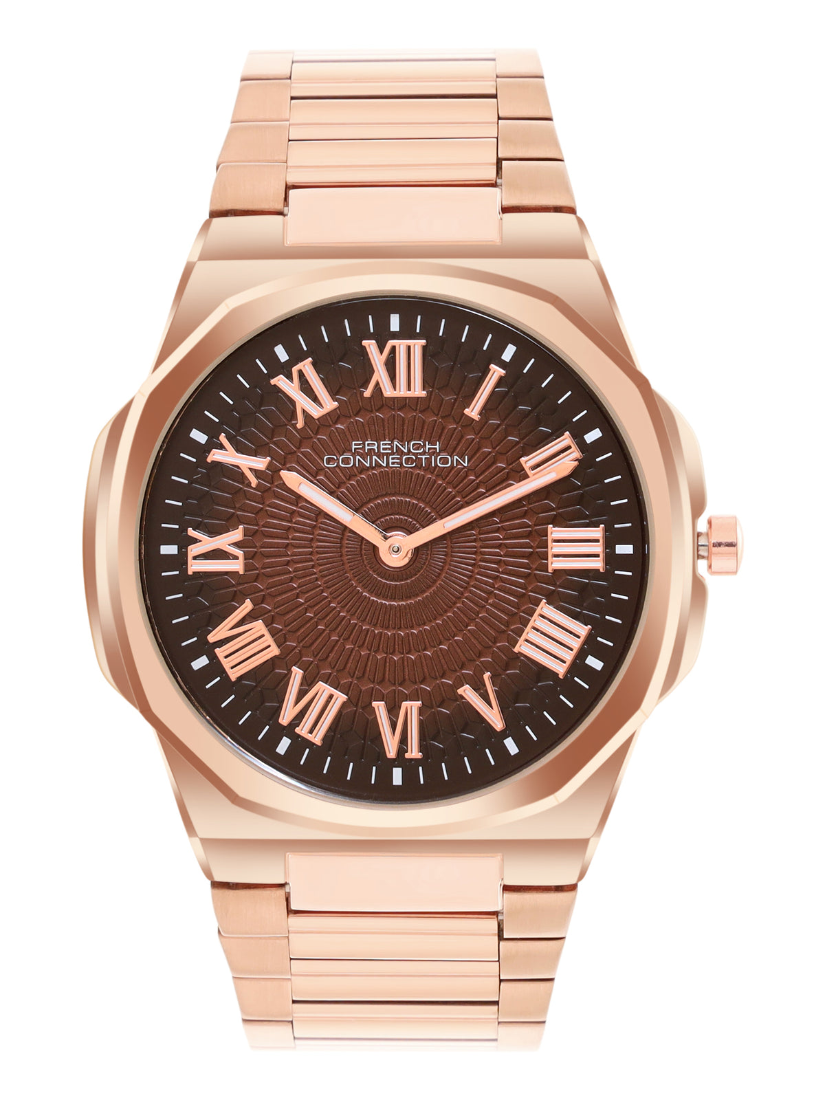 French Connection Textured Brown Round Dial With Rose Stainless Steel Strap Watch - For Mens FCN0125RGM