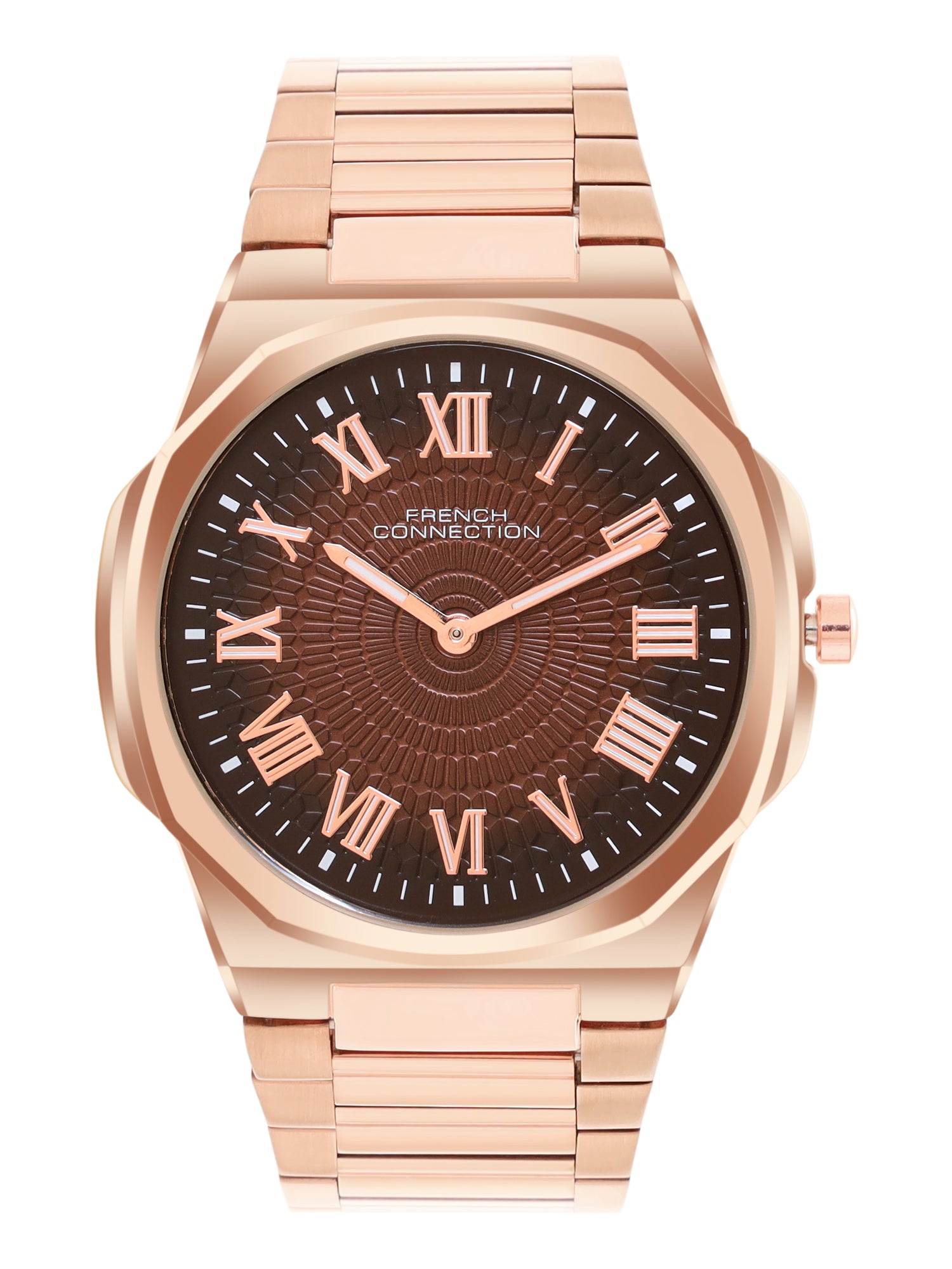 French Connection Textured Brown Round Dial With Rose Stainless Steel Strap Watch - For Mens FCN0125RGM